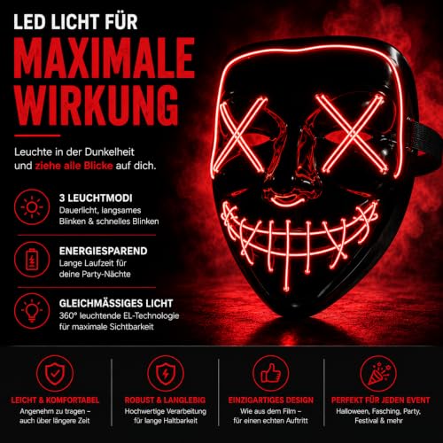 Detalle de TK Gruppe Timo Klingler maschera horror rossa a LED con 3 effetti luminosi