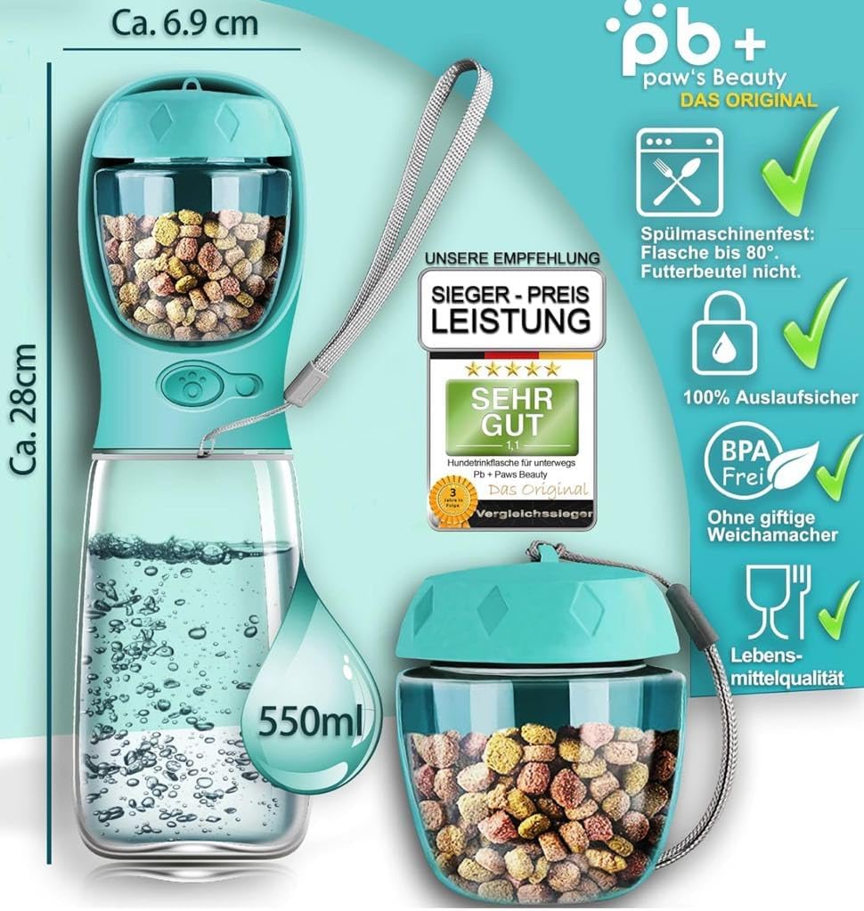 Detalle 2 de Paws Elegance 550ml - Türkis hondendrinkfles met voerhouder, BPA-vrij