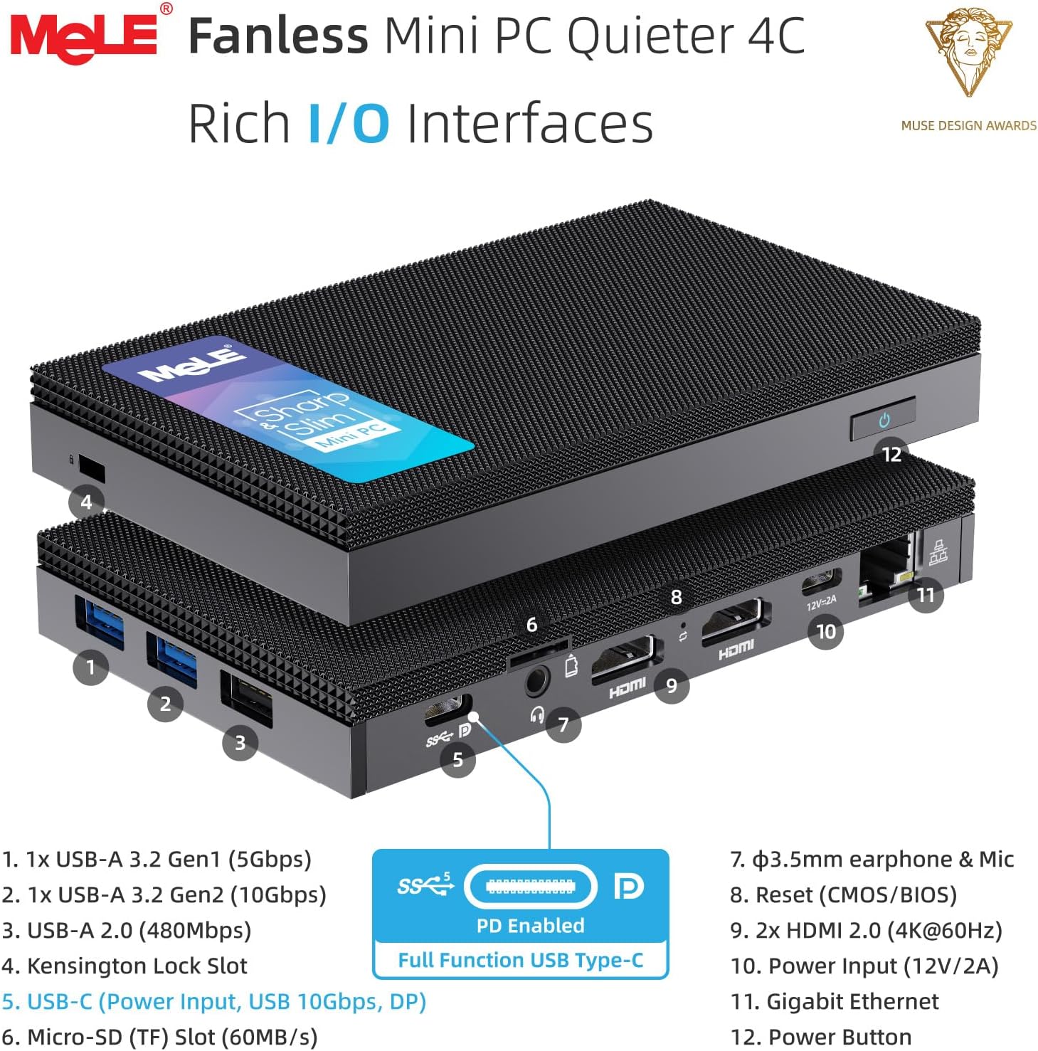 Thumbnail 3 de MeLE Quieter 4C N150 Fanless Mini PC (4C/16GB/512GB) with Dual HDMI and Full-function USB-C