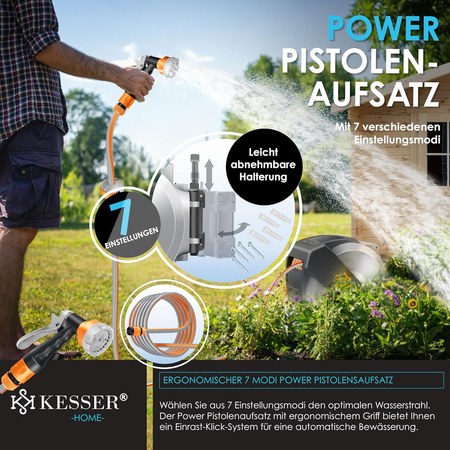 Thumbnail 5 de KESSER® Schlauchtrommel 20 m – Wandmontage, 180° Schwenk, automatische Aufrollfunktion, inkl. Handbrause