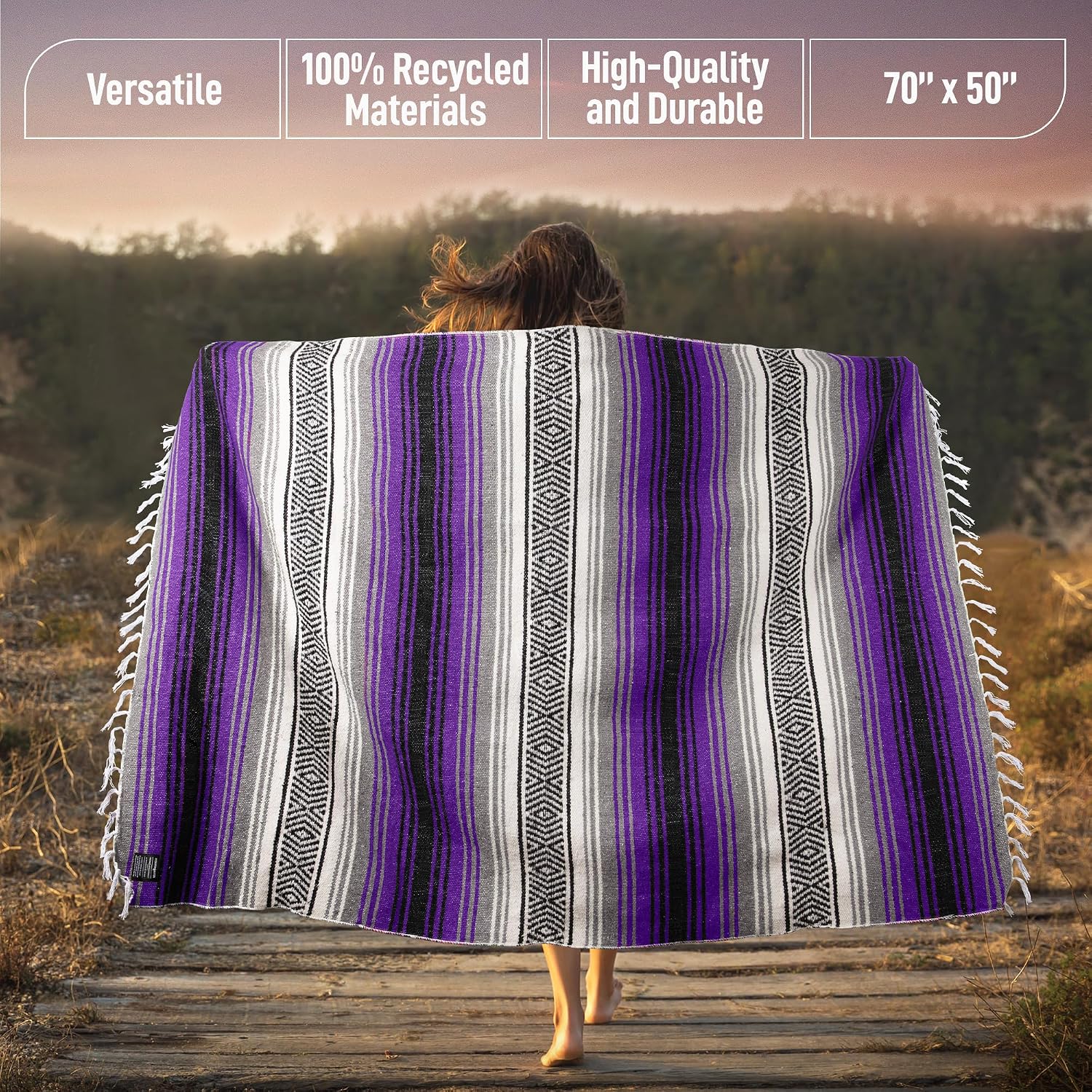 Detalle de Hydration Nation Handcrafted Mexican Blanket, Purple Recycled-Fiber Throw