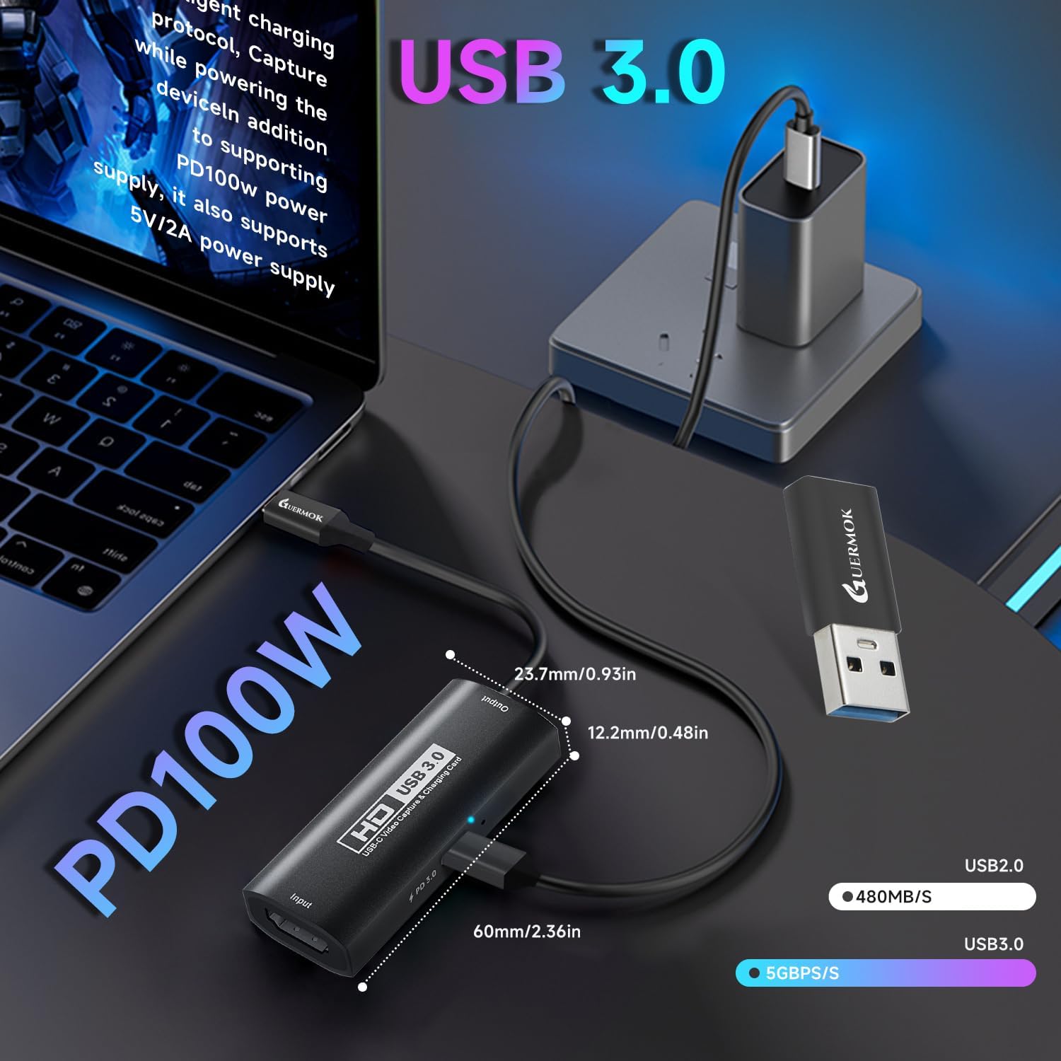 Thumbnail 2 de Guermok USB 3.0 Video Capture Card with PD 100W (HDMI to USB-A/C) for 1080p 60fps streaming