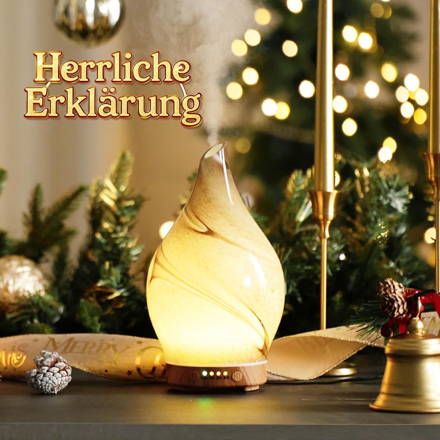 Detalle 2 de Porseme Aroma Diffuser 150 ml aus handgeblasenem Glas mit Ultraschall, 7 Farb-LED & Timer (BPA-frei, Desert)