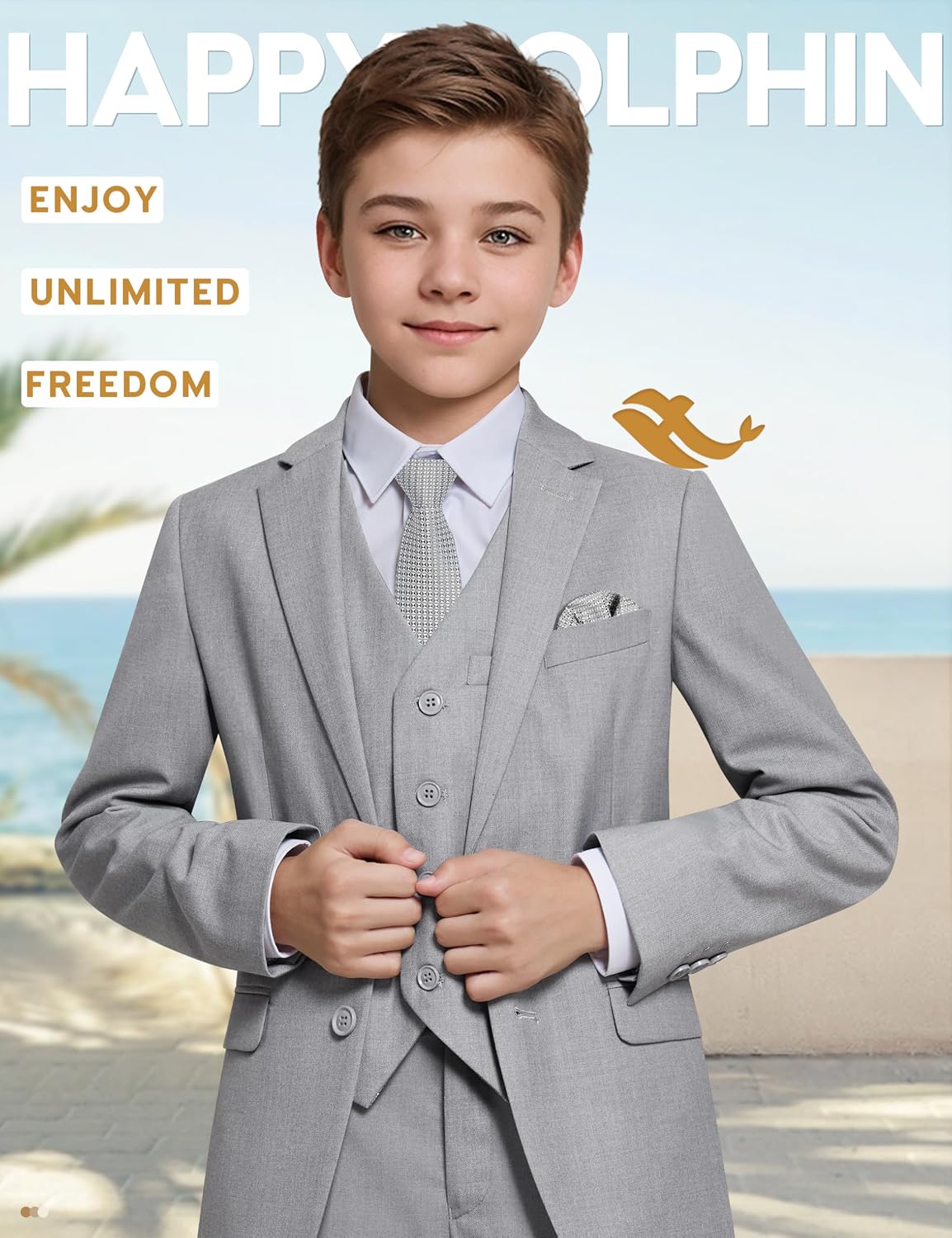 Detalle de Happy Dolphin Boys’ Formal Suit Set with Adjustable Waist for Weddings