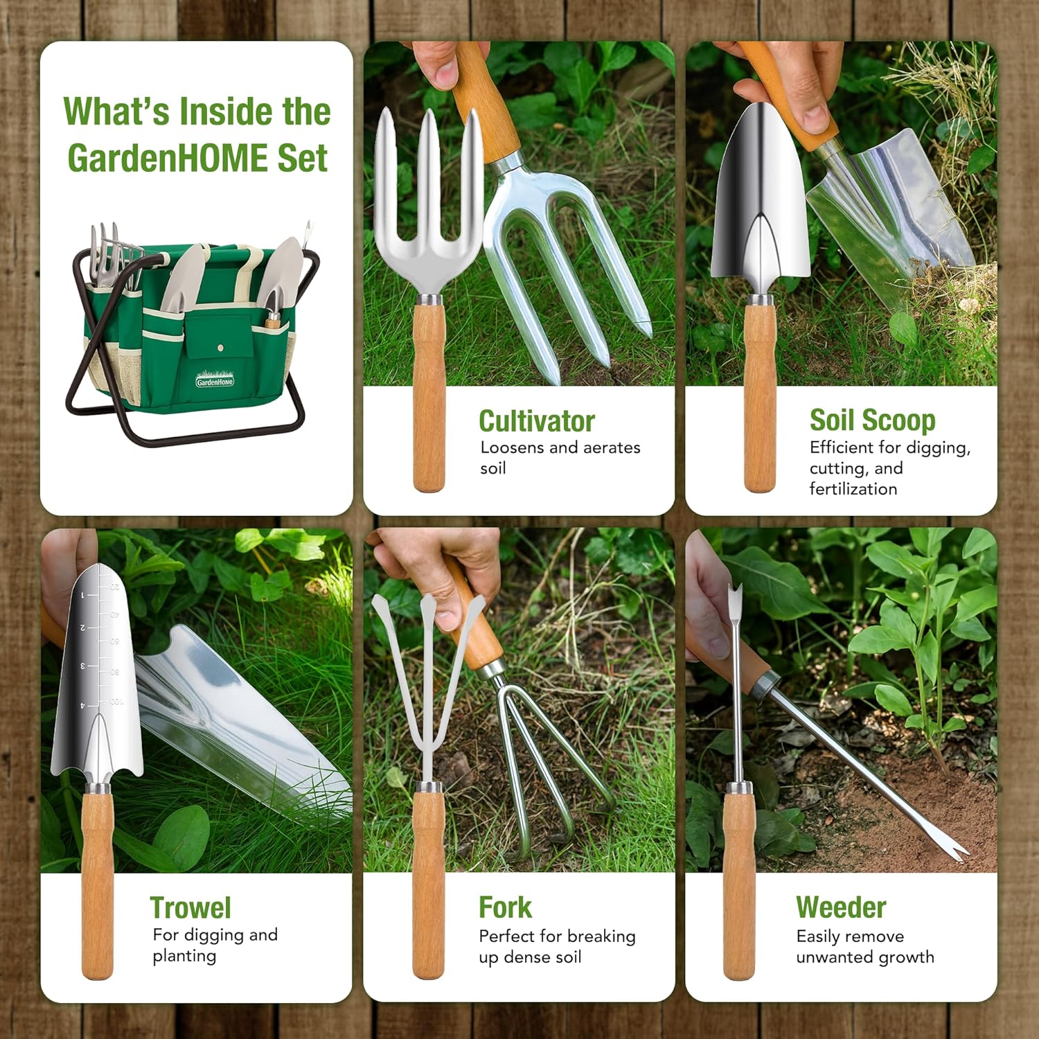Thumbnail 2 de GardenHOME Garden Tool Set: Stainless Steel 7 Piece with Folding Stool and Detachable Tote