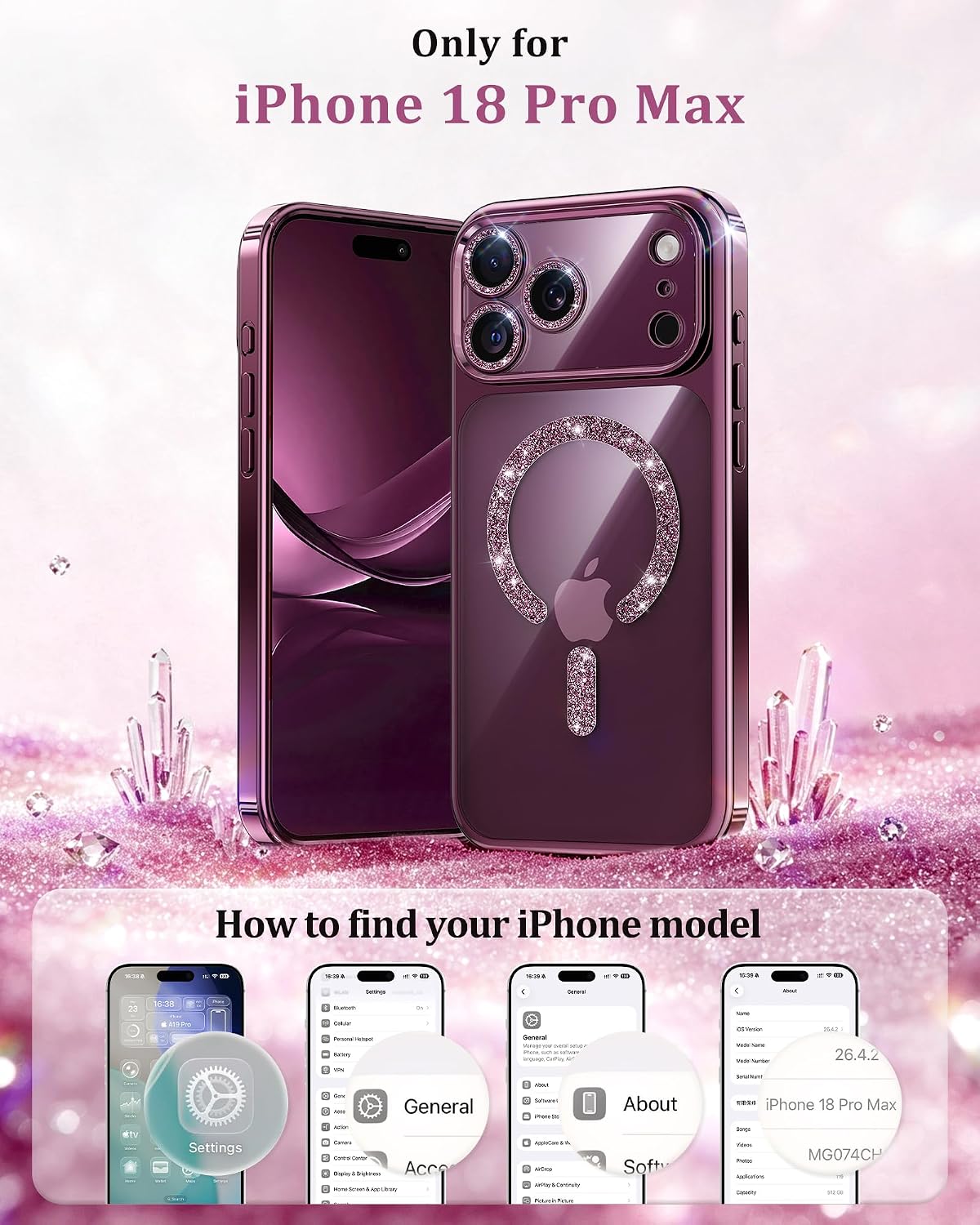 Thumbnail 5 de Meifigno 3CM364 iPhone 18 Pro Max Case, Burgundy, MagSafe Glitter Ring