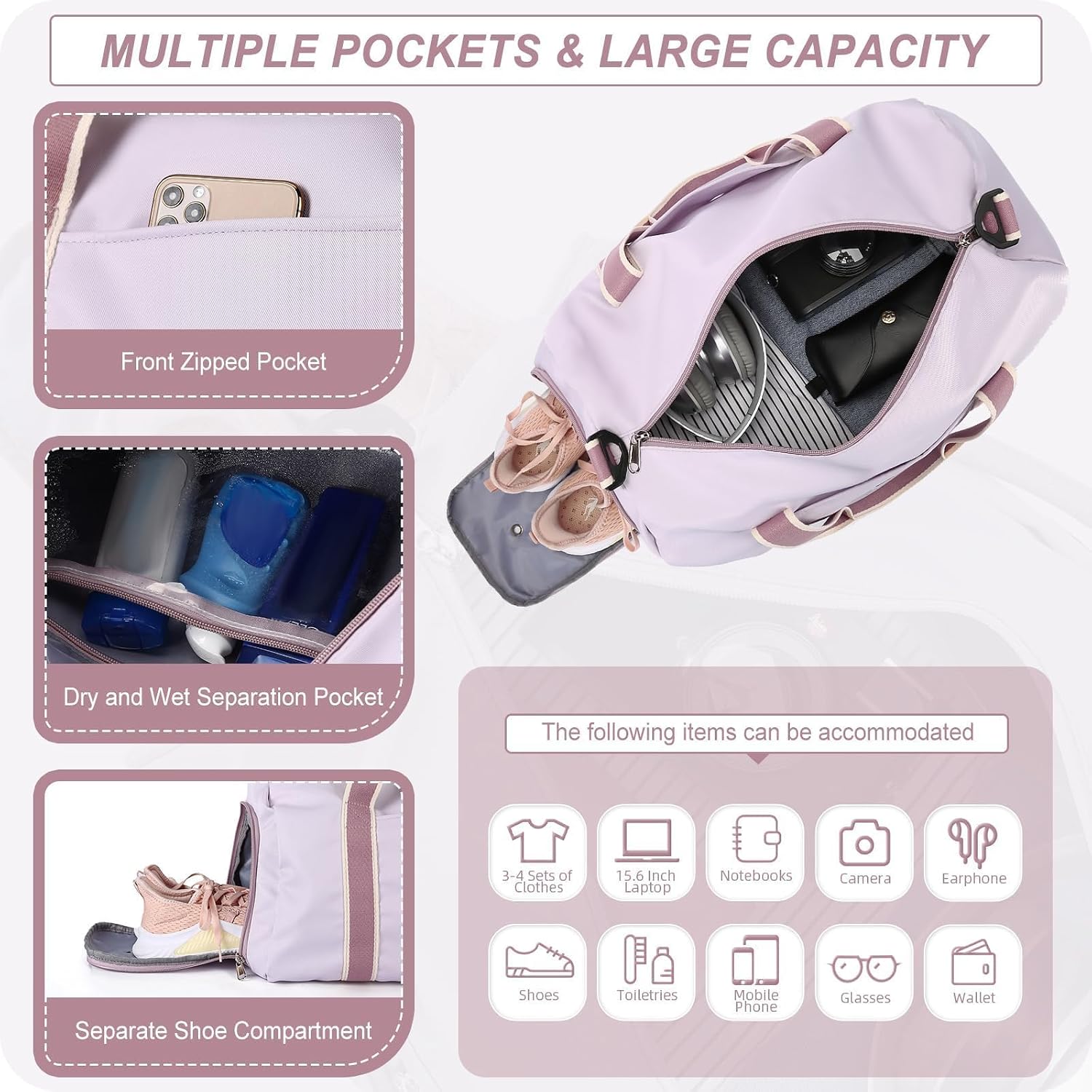 Thumbnail 2 de HYC00 HYC00 Gym Bag for Women (Small) – sports duffle with shoe compartment, wet pocket & adjustable straps (Purple)