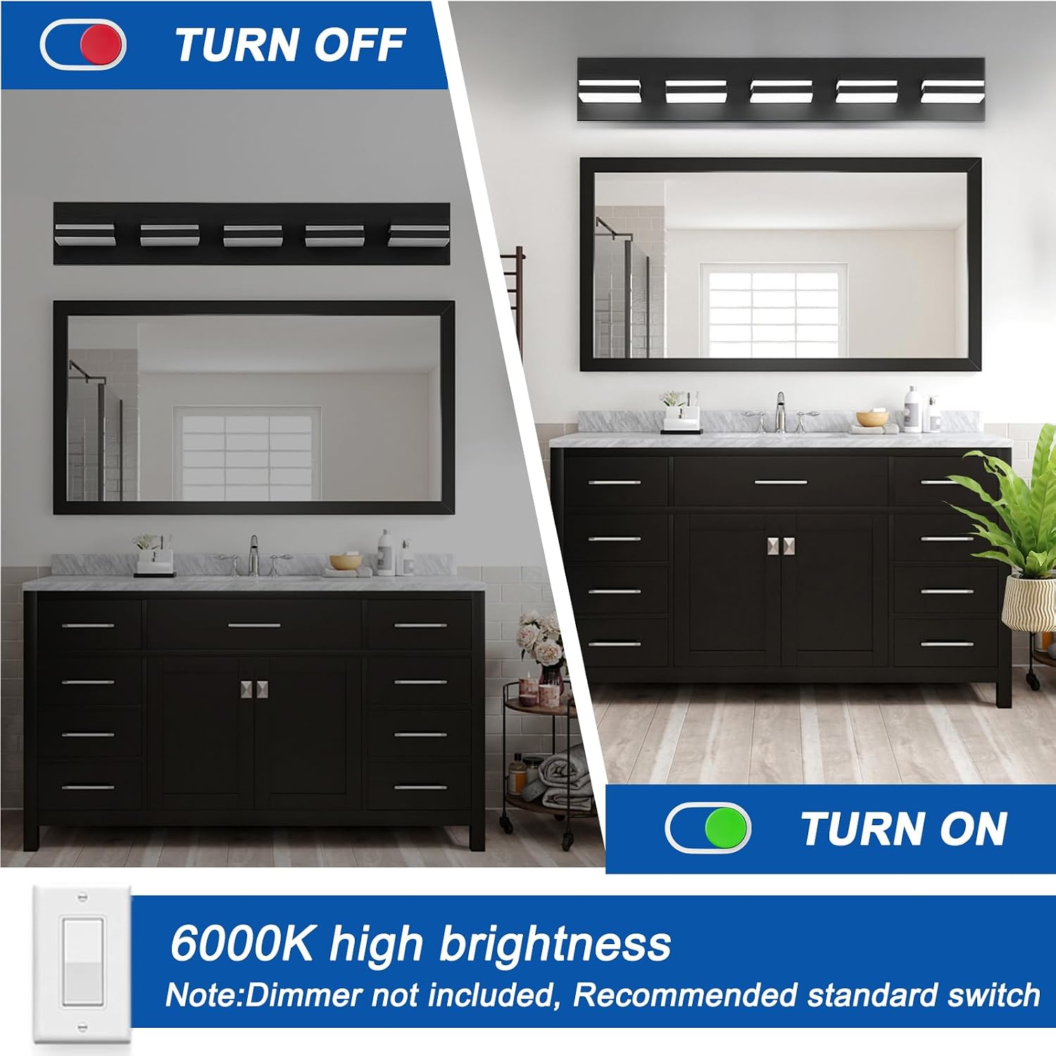 Detalle de IZORRO LED Modern Bathroom Lights Fixtures (5-Light, Dimmable, 360° Rotate) — Matte Black Vanity Lights for Over Mirror (30In, 6000K, No Assembly Required)
