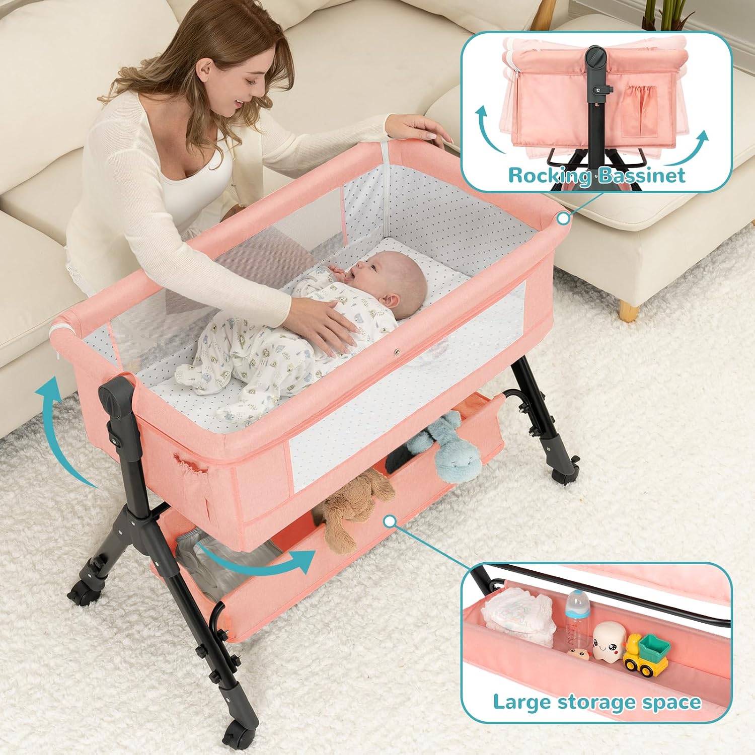 Detalle de BCOL C988 Baby Bassinet, Pink Bedside Sleeper with Rocking Mode and Mesh
