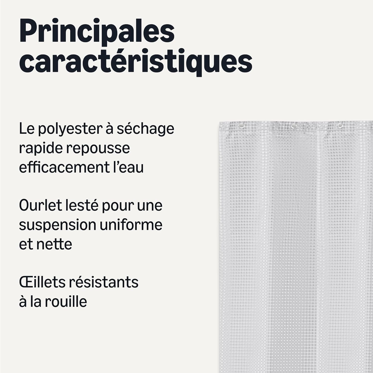 Detalle de Rideau de Douche Amazon Basics en Polyester – Style Moderne, 183 x 183 cm, Blanc