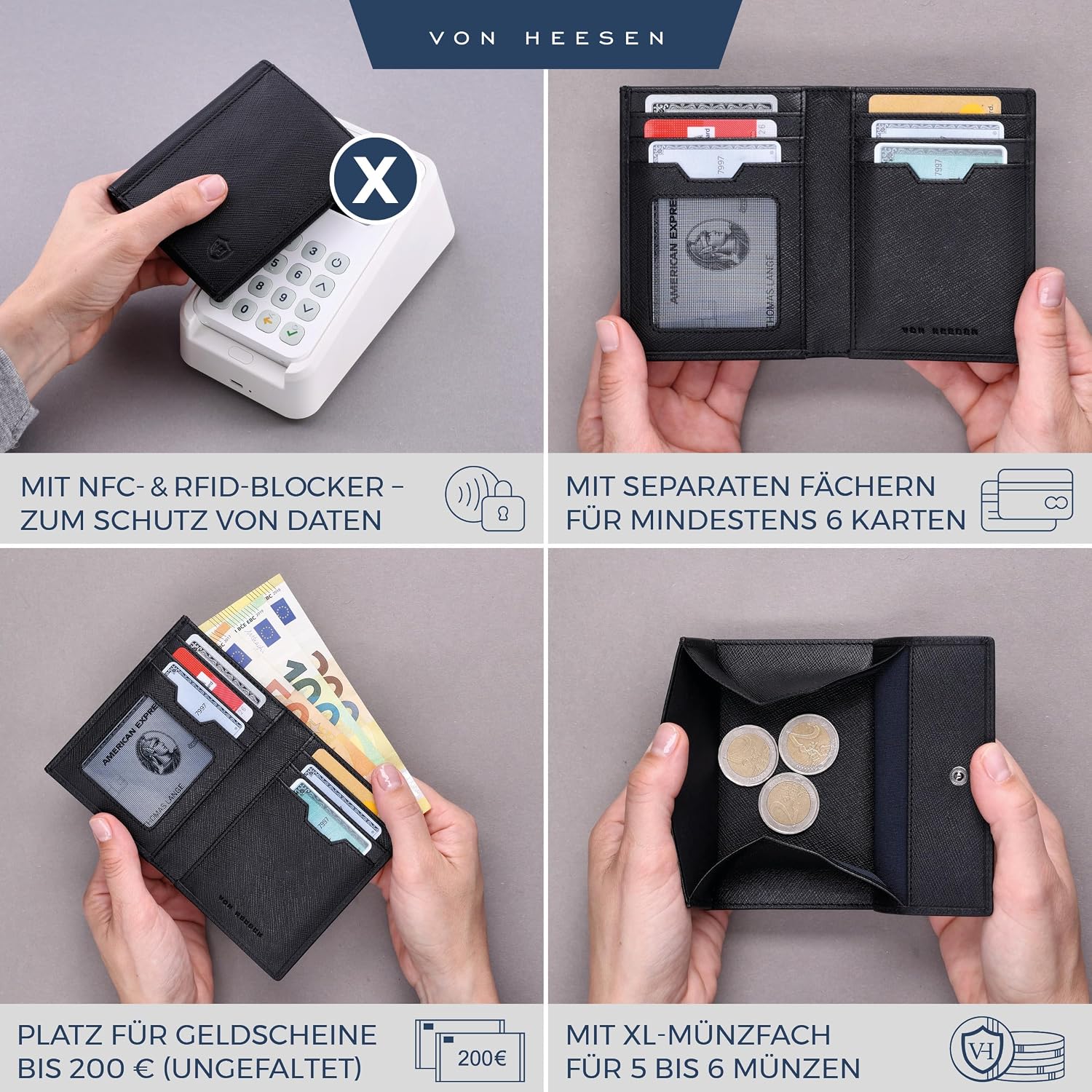 Detalle de VON HEESEN Leder Geldbörse mit Münzfach & RFID-Schutz – Saffiano Schwarz