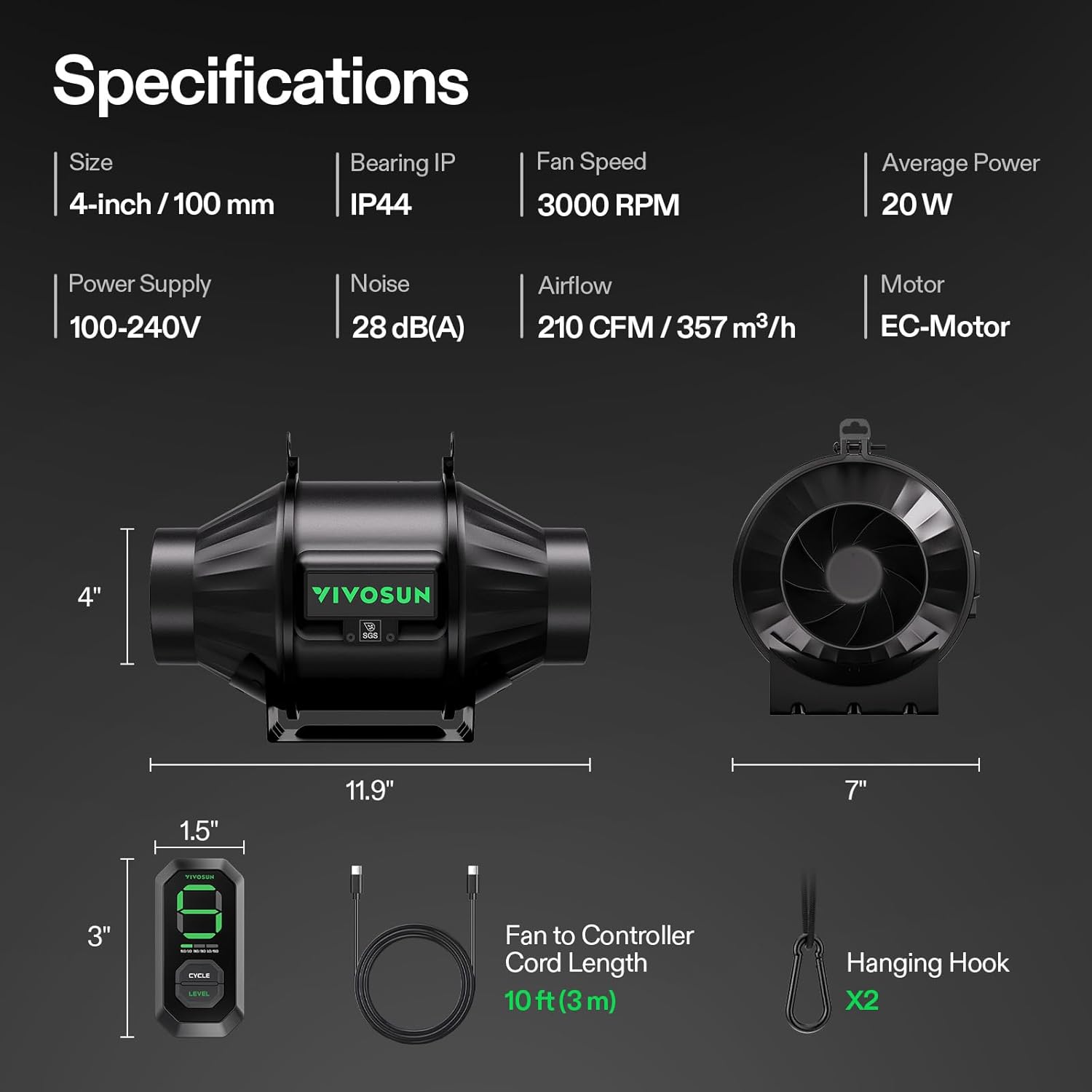 Thumbnail 6 de VIVOSUN AeroZesh T4 100 mm (357 m³/h) avec régulateur E12 PWM pour ventilation d’extraction en intérieur