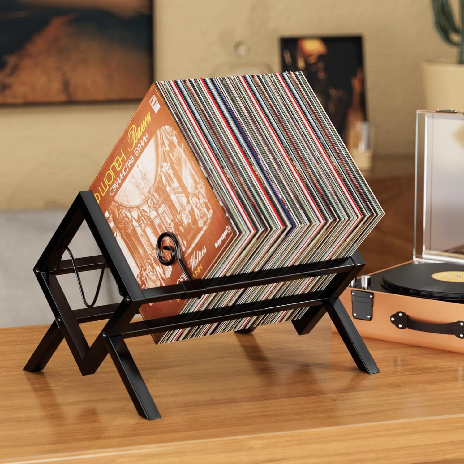 Detalle de EKNITEY Vinyl-Schallplattenständer für 80–100 LPs (Metall, schwarz) – einfach zu montieren