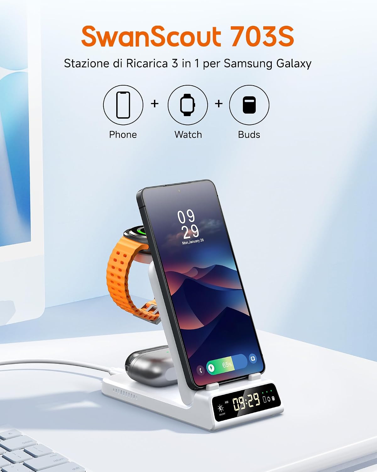 Detalle de Stazione di Ricarica Wireless 3-in-1 SwanScout 703S per Samsung S26 Ultra – Ricarica Galaxy Watch e Buds