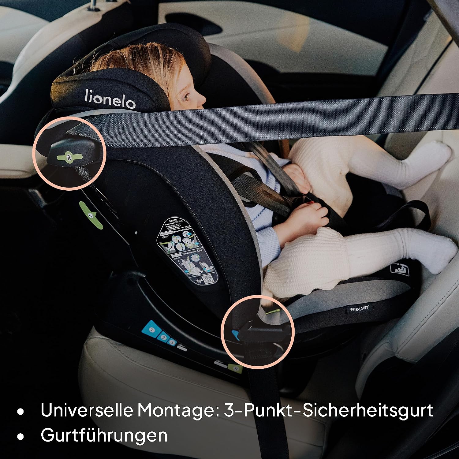 Detalle de LIONELO Aart i-Size Autositz (40–150 cm) mit Sicherheitsgurten, Kopfstützen- & Neigungsverstellung