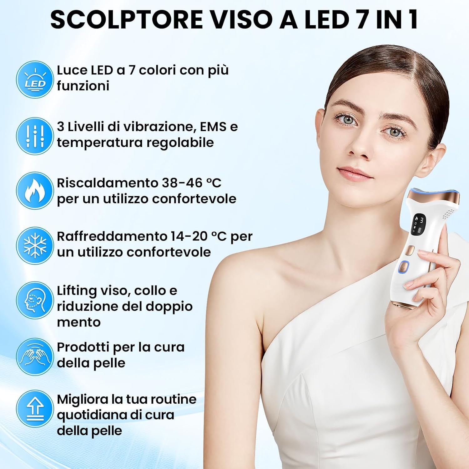 Detalle de Massaggiatore Viso Lifting Elettrico Antirughe: EMS, Caldo e Freddo, 7 Modi e 7 LED – Bianco