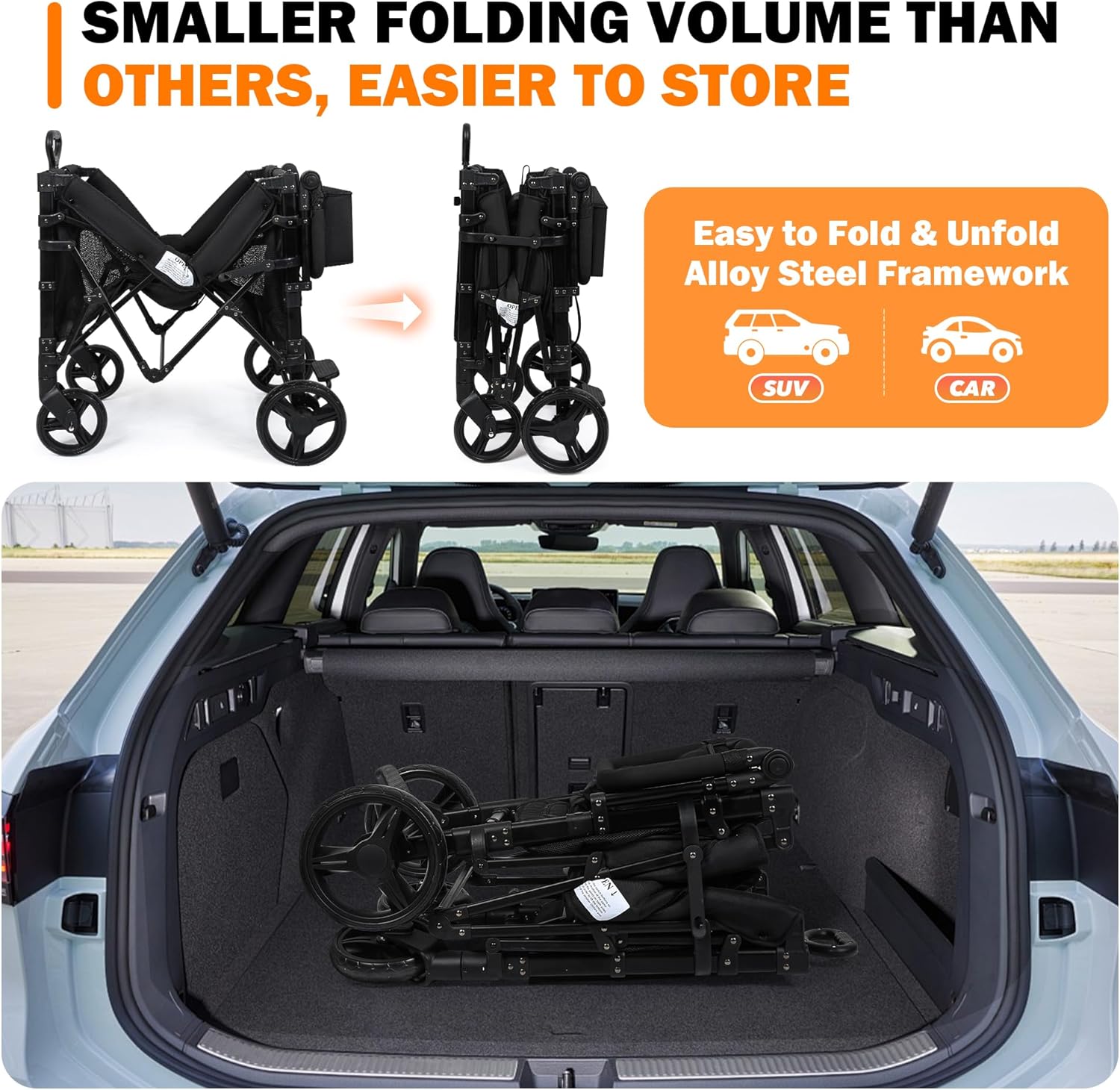 Thumbnail 6 de Wagon Stroller for 2 Kids, High Seat & 5 Point Harness - All-Terrain Foldable Wagon with Canopy (Black, W2-M)