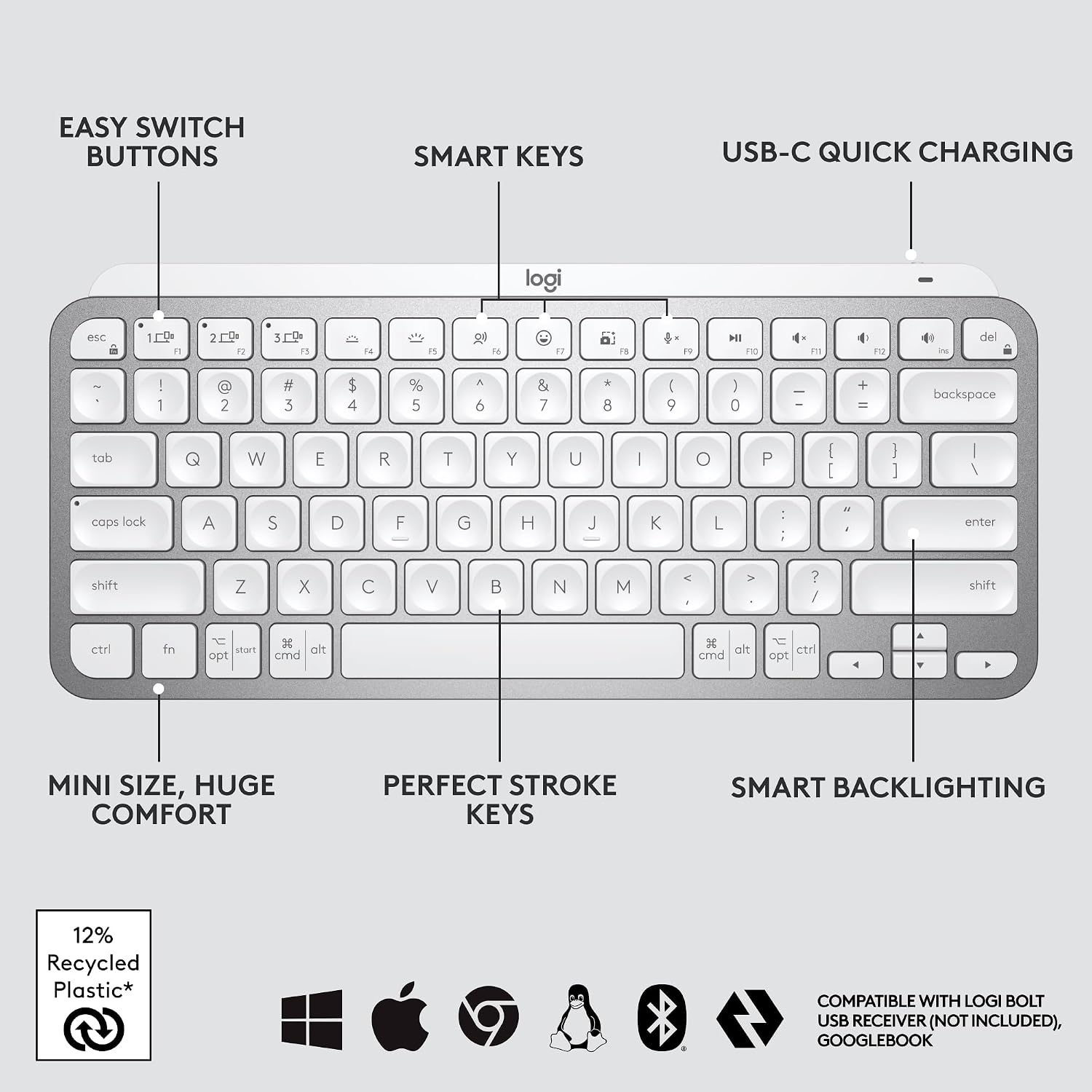 Detalle 1 de Logitech MX Keys Mini Wireless Keyboard, Pale Gray, Backlit with USB-C Charging
