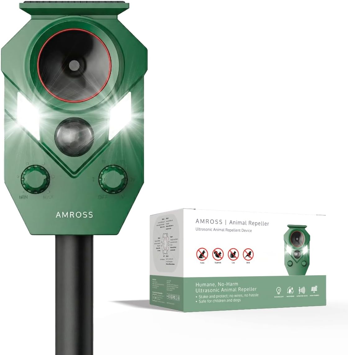 Detalle de Fox & Cat Repellent for Gardens UK – Rechargeable Ultrasonic Deterrent with Motion Sensor, Solar Power and USB-C