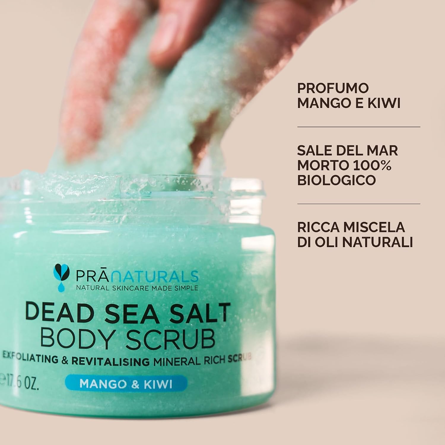 Detalle de Pranaturals Scrub Corpo Rivitalizzante ai Sali del Mar Morto 500g – Mango e Kiwi