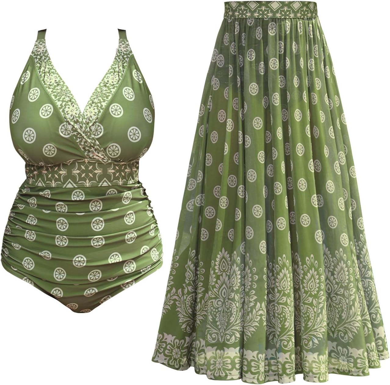 Detalle de SCOMCHIC Women's Plus Size One Piece Swimsuit with Tummy Control and Floral Mesh Skirt