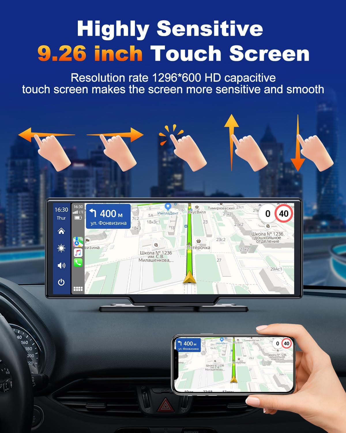 Detalle de Volam 9.26 pollici: Autoradio portatile CarPlay/Android Auto wireless con touchscreen