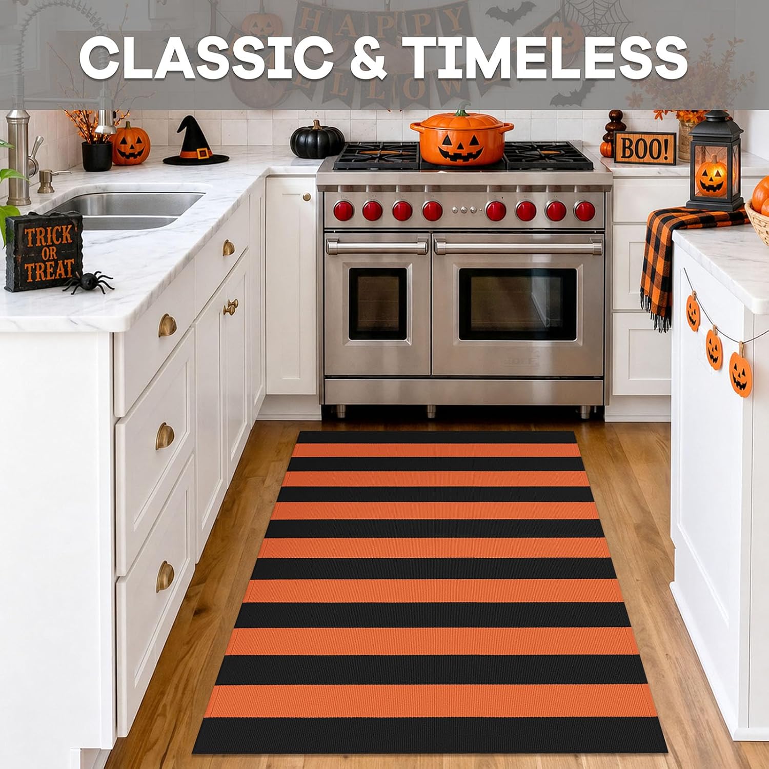 Detalle de IOHOUZE Striped Rug 3' x 5' Indoor/Outdoor Cotton-Blend Rug, Orange/Black