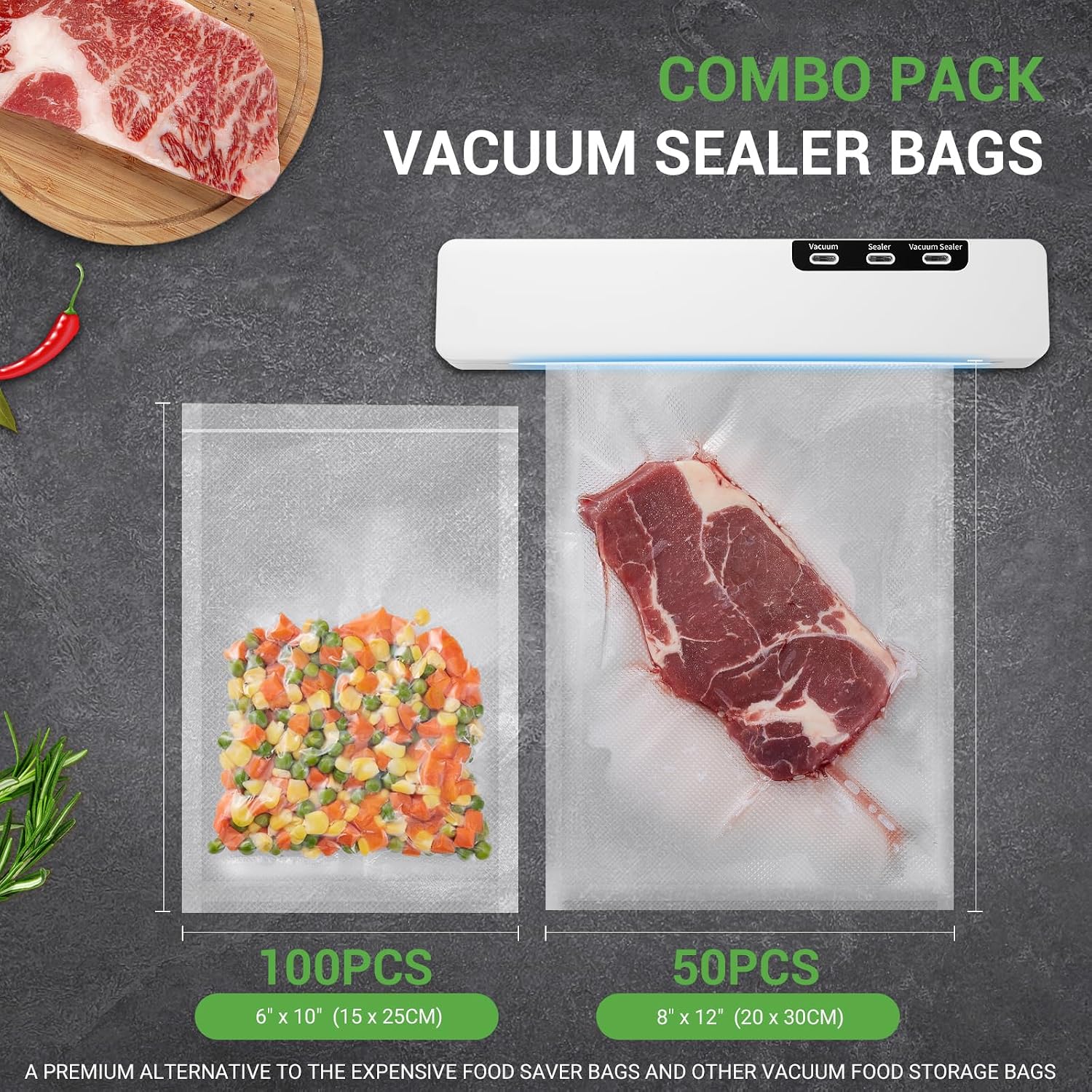 Detalle 2 de VTUUU 88017ca Vacuum Sealer Bags, 150 Pre-Cut Pint and Quart Bags