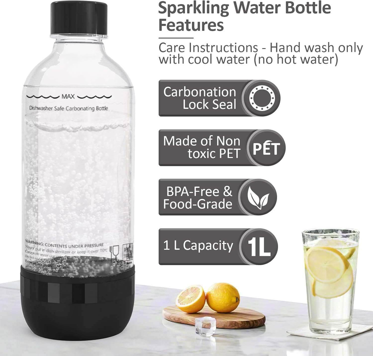 Thumbnail 4 de SunnyOcean lot de 2 bouteilles à soda réutilisables 1 L, PET sans BPA (noir) pour machine à soda