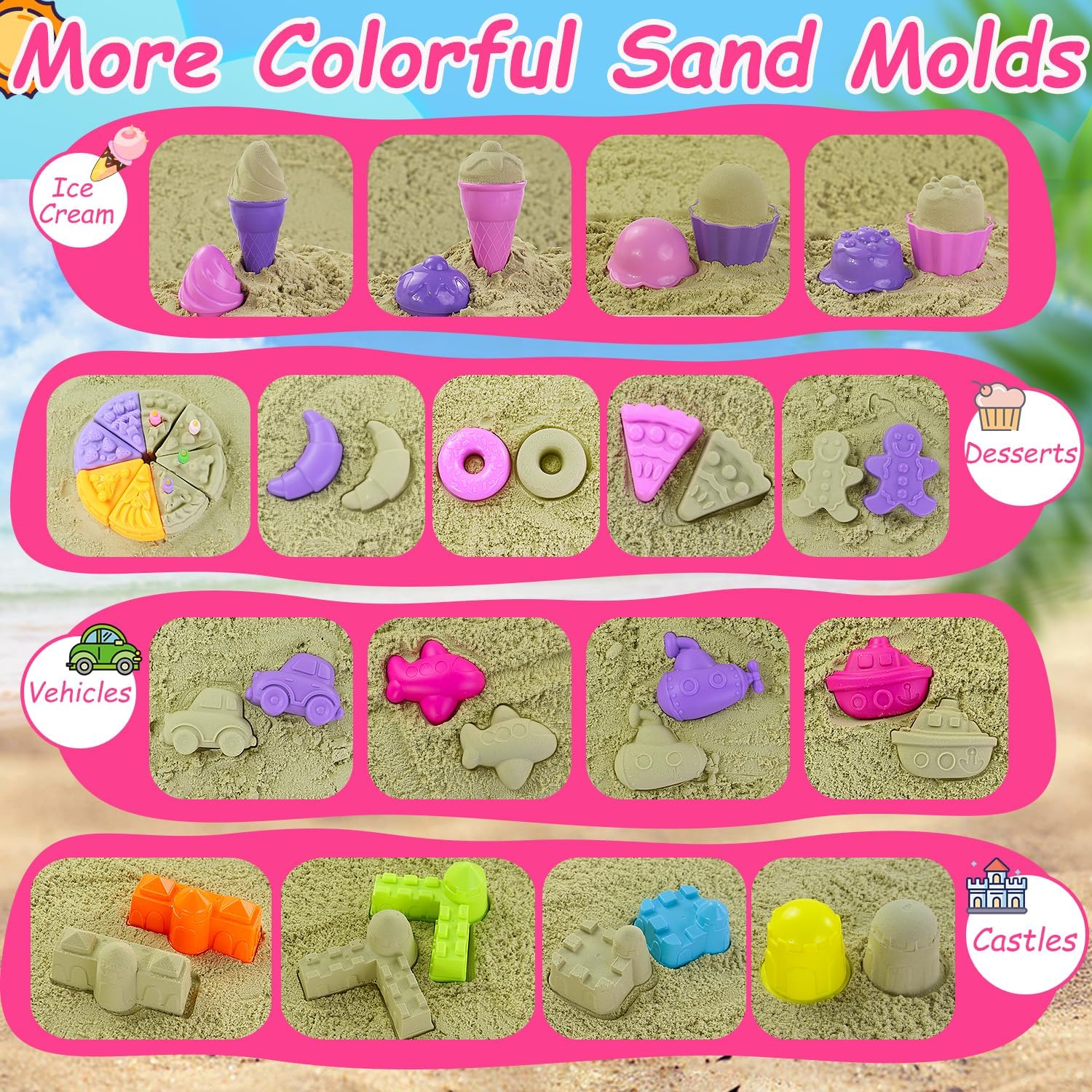 Detalle de Elovien Beach Sand Toys set (50 pcs) with 2 collapsible sand buckets and mesh backpack bag