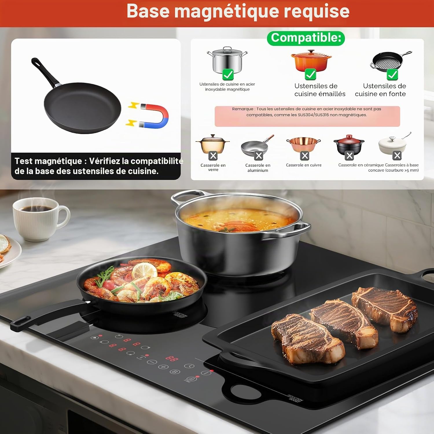 Thumbnail 6 de KICHPOWER Plaque Induction 4 Feux avec Zone Flexible 60 cm – 6000 W, Commande Tactile