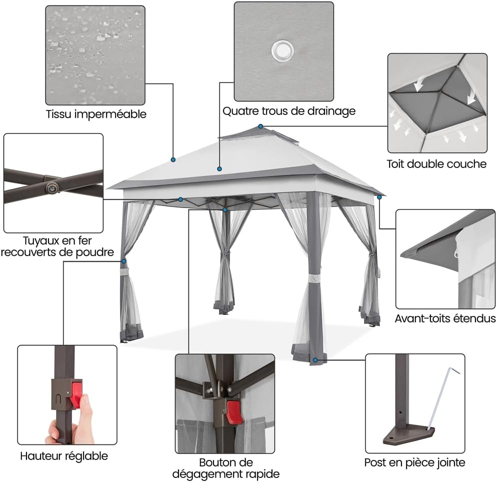 Detalle 2 de Yaheetech Gazebo da giardino in ferro 300x300 cm pieghevole con pareti in rete e doppio tetto, grigio