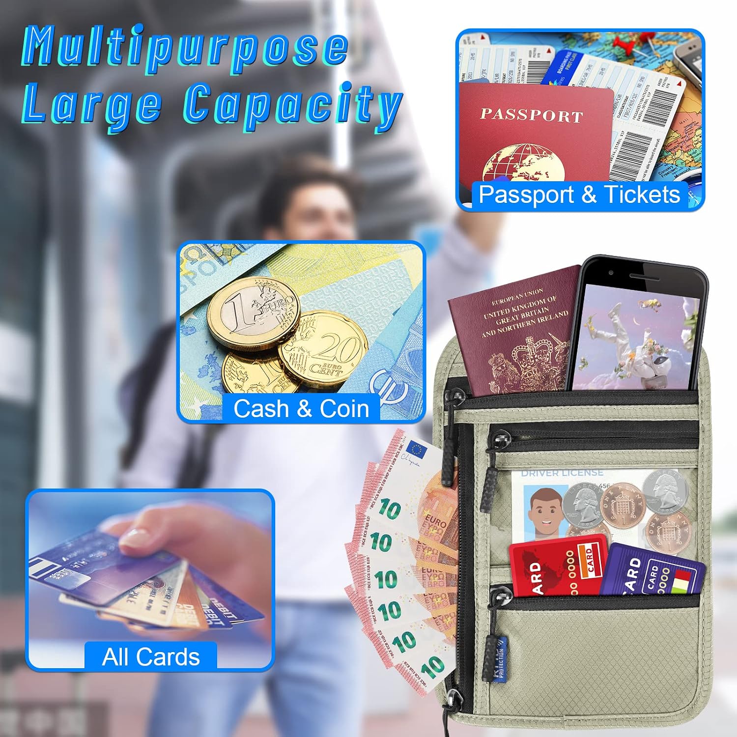 Thumbnail 2 de CORYIN Travel Neck Wallet Passport Holder with RFID Blocking and Waterproof Pouch – Light Grey