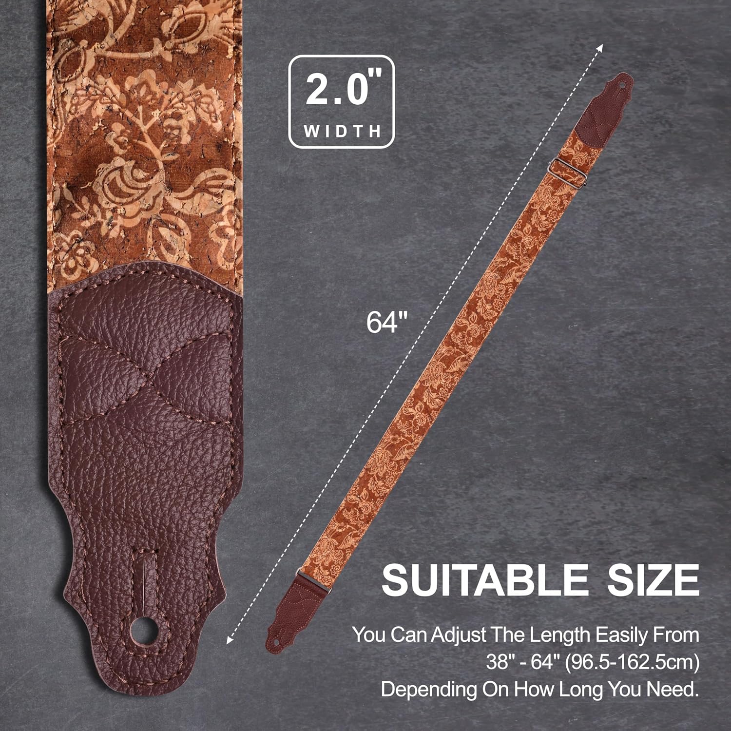Detalle 2 de YIKOKO Gitarrengurt aus Rindsleder (Kopfschicht), verstellbar 38–64" für Akustik- und Bass-/E-Gitarren