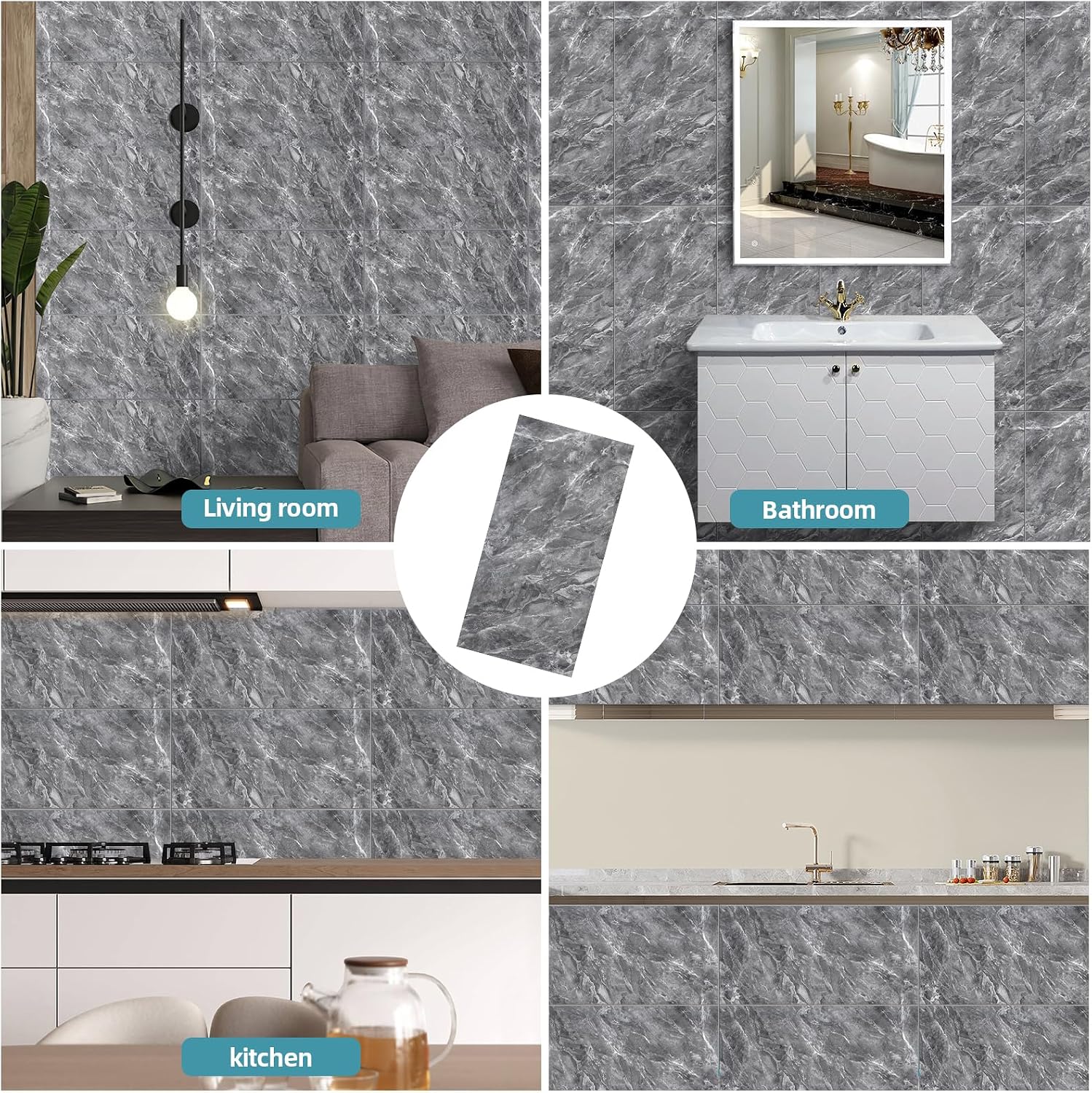Thumbnail 1 de Warmiehomy Marble Tiles 60x30cm (10 Pack) Self-Adhesive Waterproof Peel-and-Stick Wall Tiles – Earl Grey