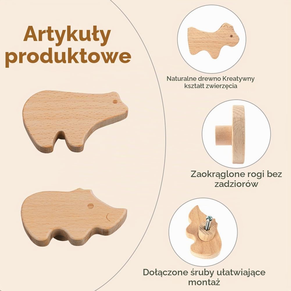 Detalle de Aolso – drewniane gałki meblowe w kształcie zwierząt, zestaw 12 sztuk