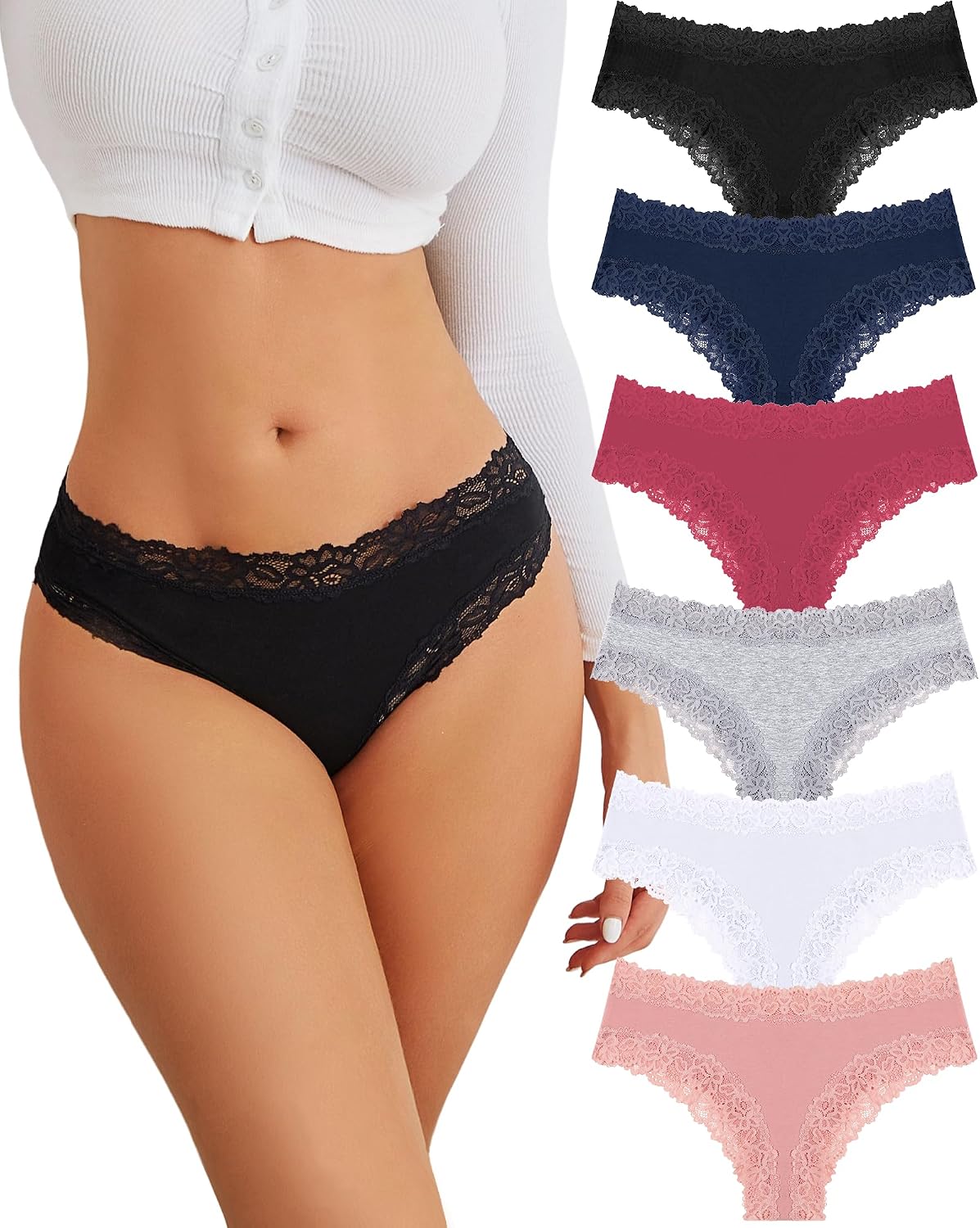 Detalle de FINETOO Cotton Lace Cheeky Panties, Low-Rise Women's 6-Pack