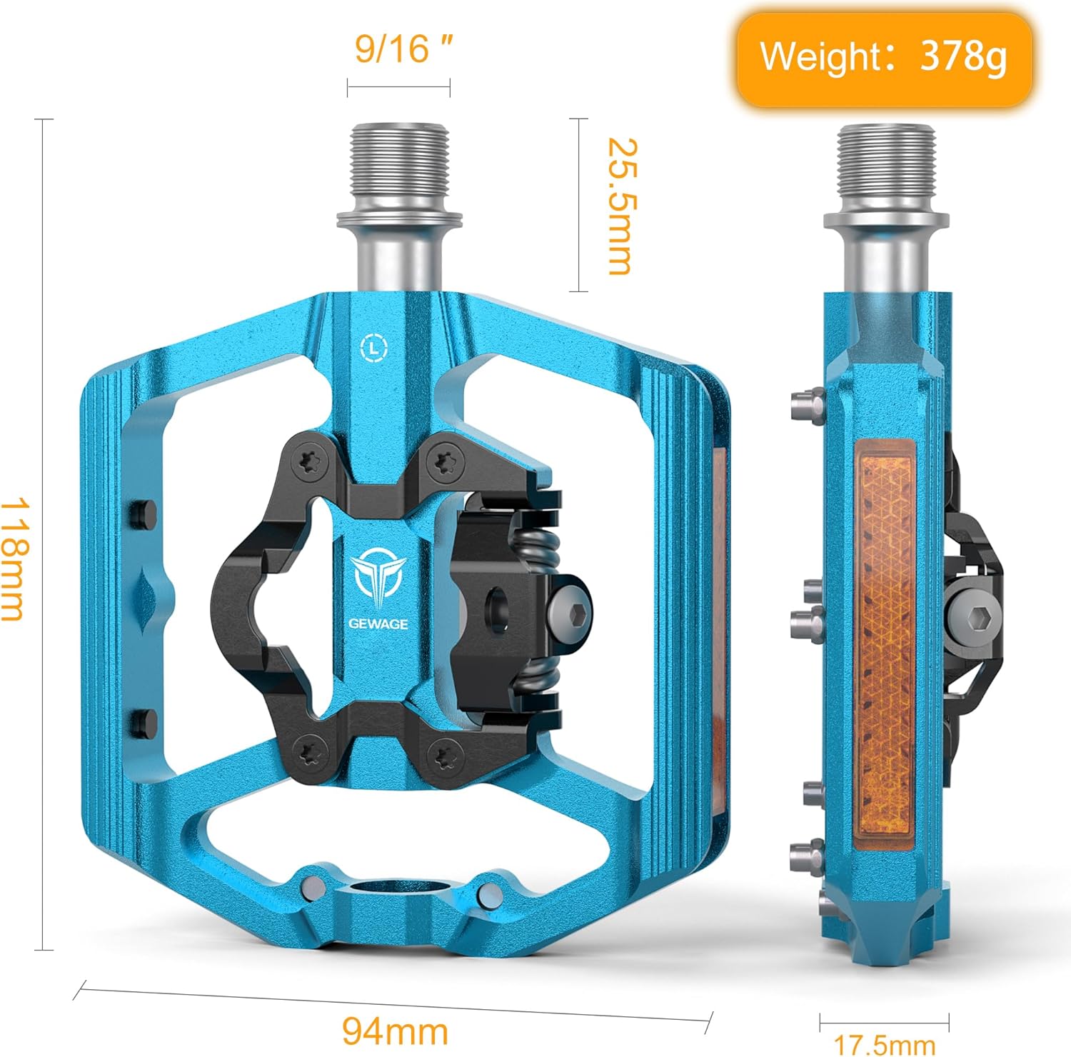 Thumbnail 2 de GEWAGE Pédales VTT double-face SPD et plateforme, 9/16" with réflecteurs – 3 roulements étanches