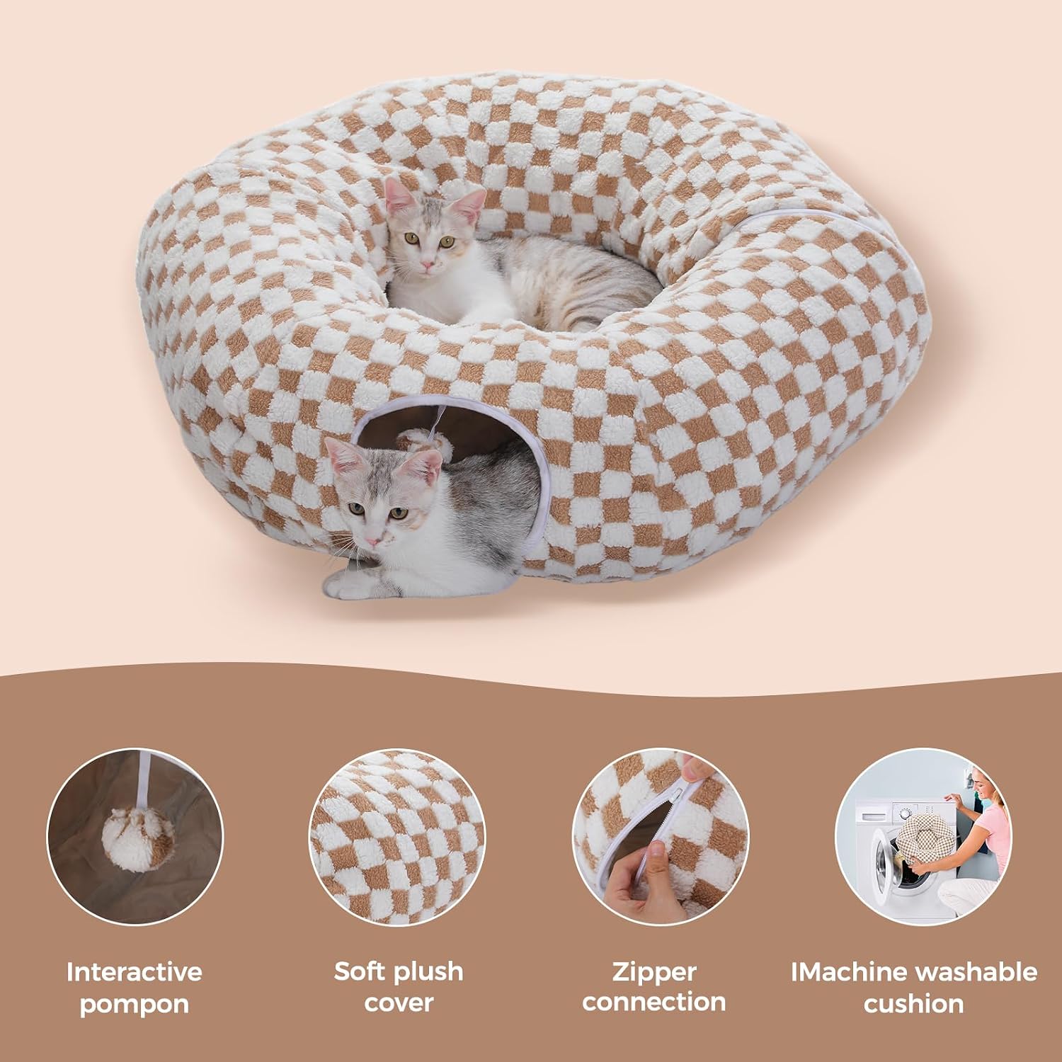Detalle de PAWZ Road Plush Cat Tunnel: 2-in-1 Donut Circle Bed, 85 cm (Brown)