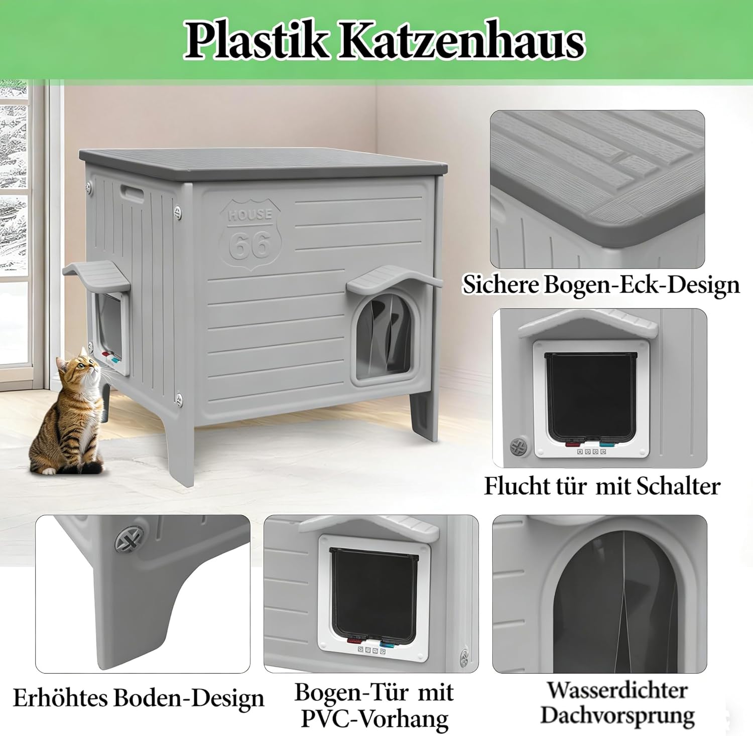 Thumbnail 3 de HiCaptain Outdoor-Katzenhaus winterfest aus HDPE mit Flucht-Tür – grau, für kleine bis mittlere Katzen