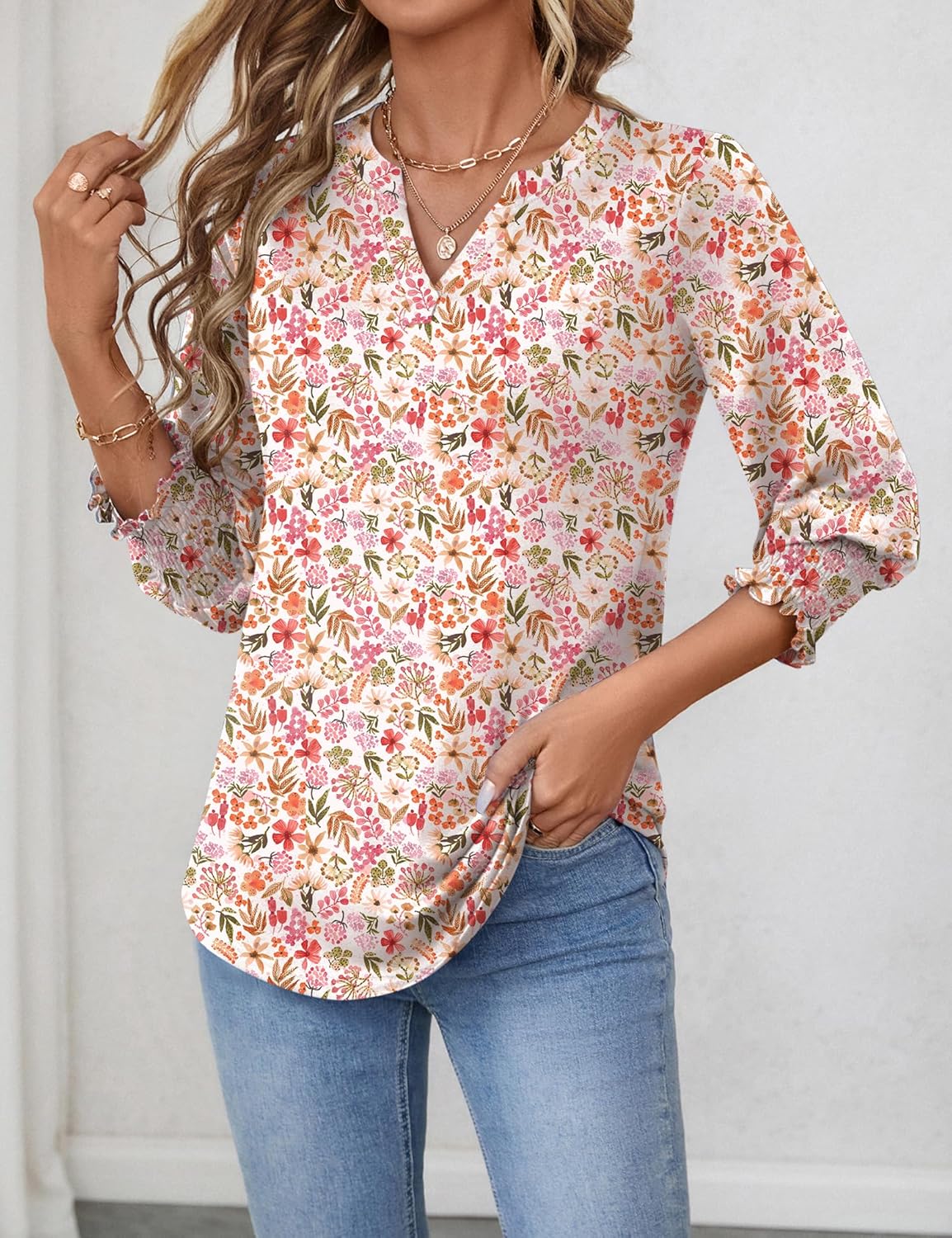 Detalle 2 de Rapbin Damen Bluse 3/4 Arm V-Ausschnitt Tunika – Sommer Tops, Lockeres Shirt, Elegant & Lässig (2026)