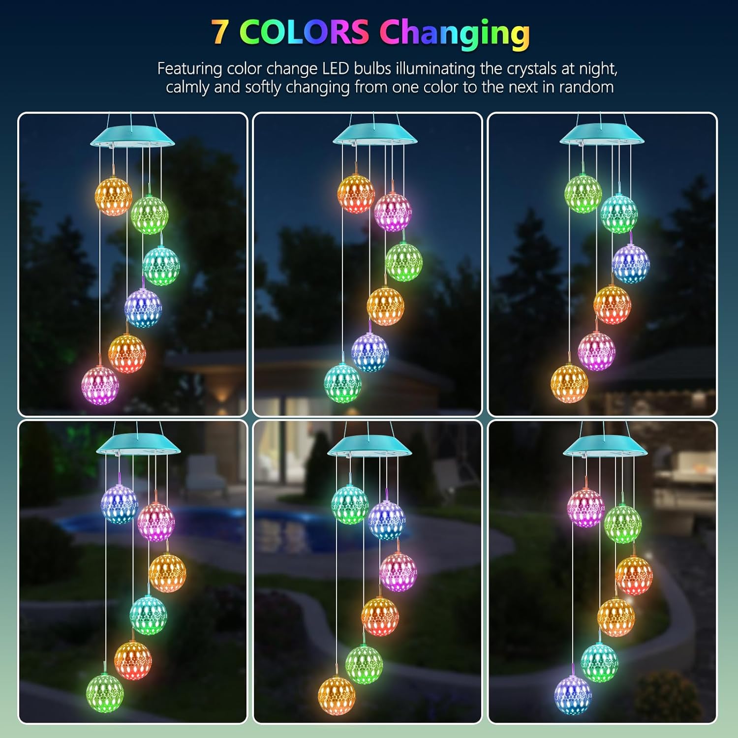 Detalle 1 de Toodour S6-WC18-P Solar Wind Chime with Color-Changing LED Balls