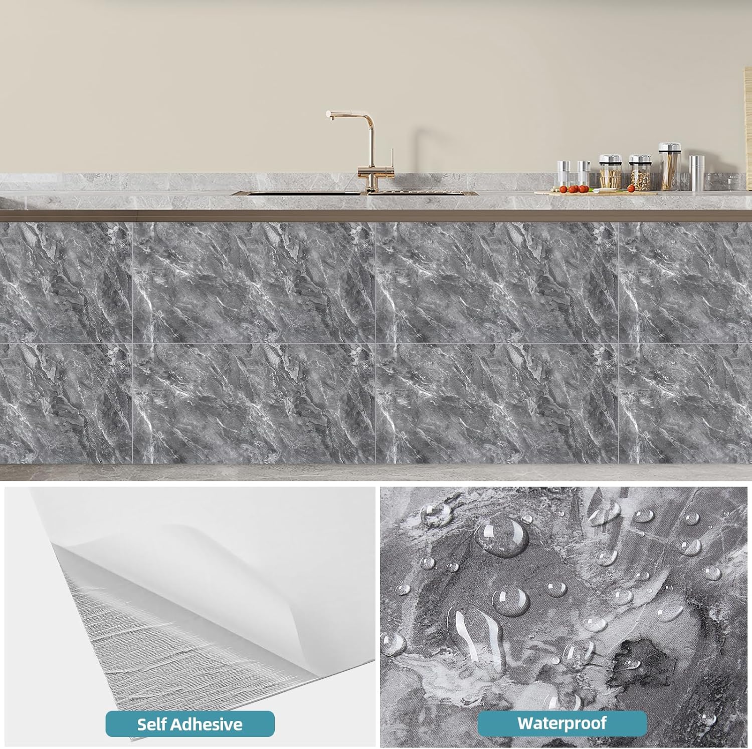 Thumbnail 3 de Warmiehomy Marble Tiles 60x30cm (10 Pack) Self-Adhesive Waterproof Peel-and-Stick Wall Tiles – Earl Grey