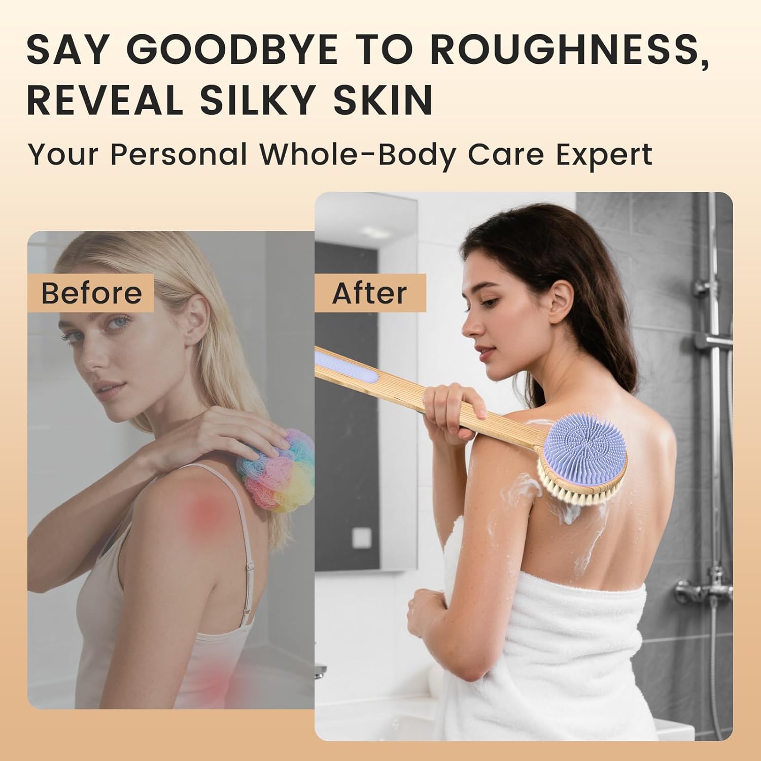 Detalle de Back Scrubber for Shower: Double-Sided Silicone & Dense Nylon Bristles with Bamboo Handle