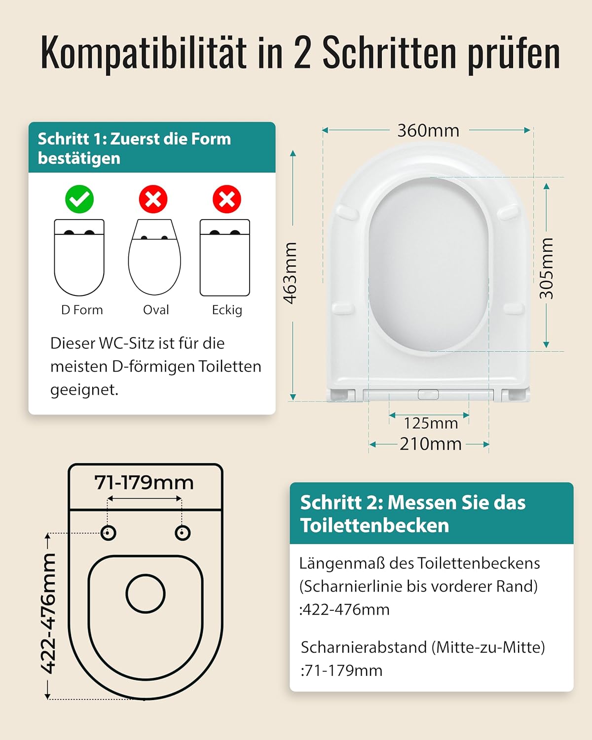 Detalle de HySail Toilettendeckel mit Absenkautomatik – robust, hygienisch, farbbeständig (D-Form Lang, Weiß)