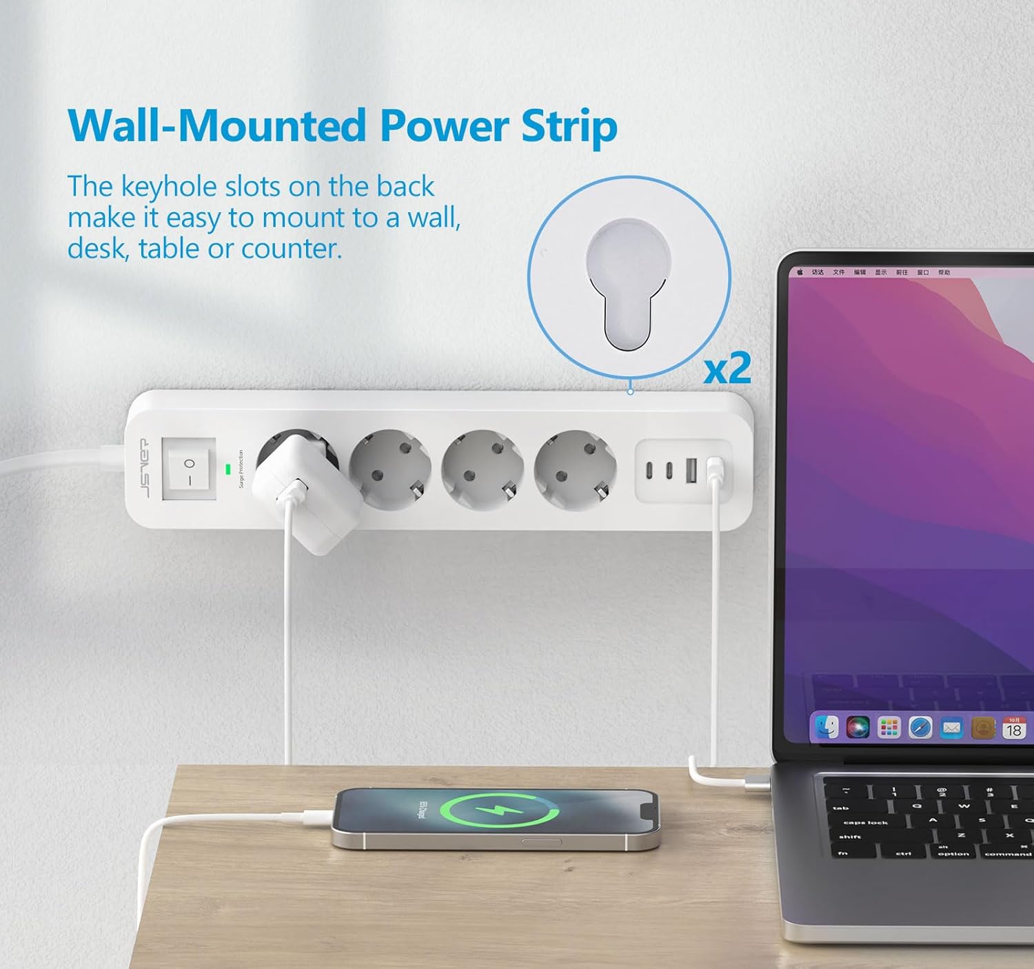 Thumbnail 3 de JSVER Multiprise USB C, 4 prises AC et 4 ports USB (2 USB-A + 2 USB-C) – 3680W, protection s/oversurge et interrupteur, câble 2m