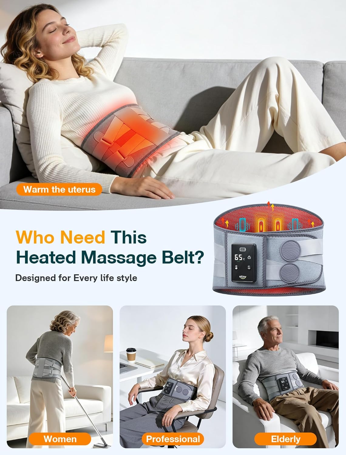 Detalle de ALLJOY Cordless Heat Pad for Back Pain Relief (170cm) with 3 Heat Settings & 5 Vibration Modes