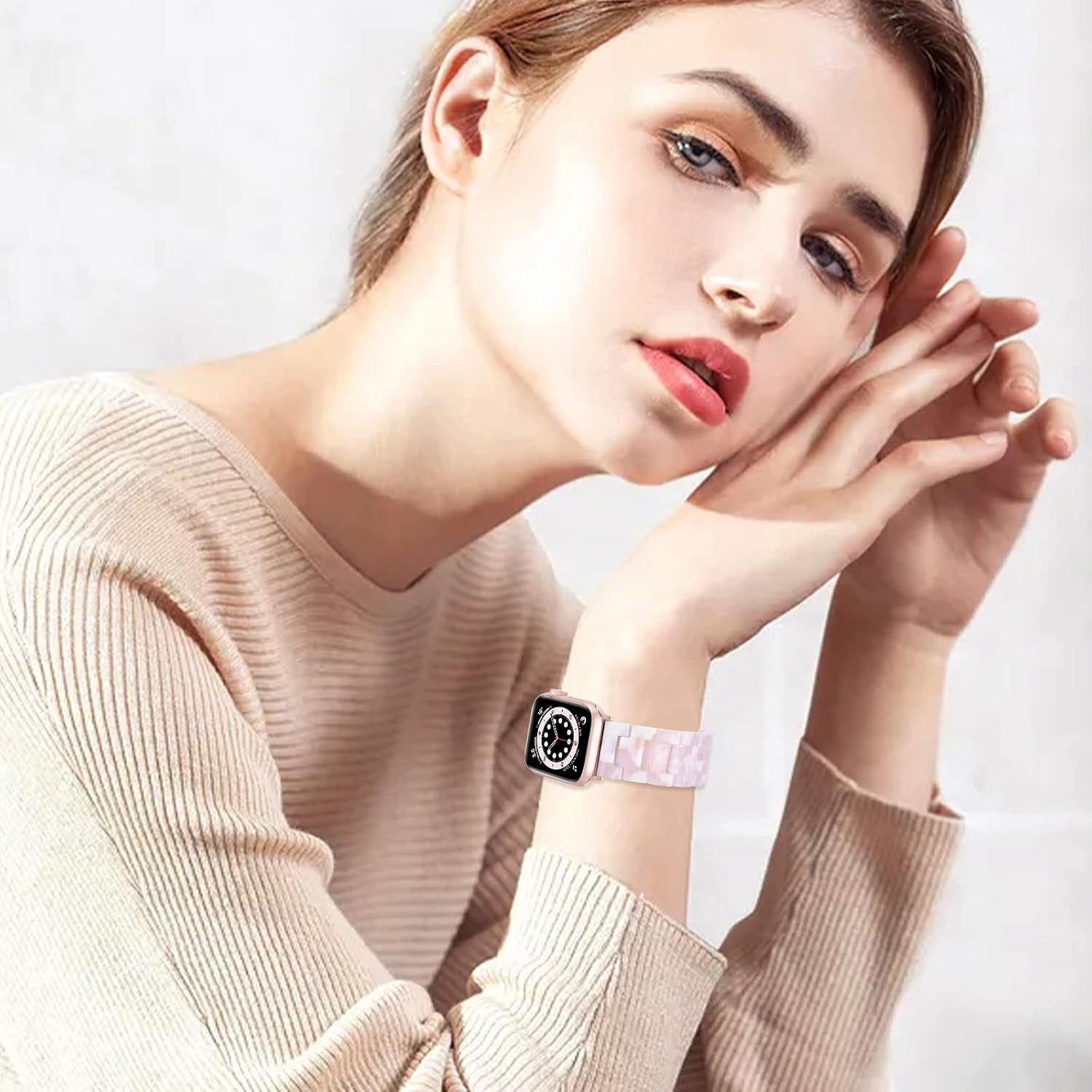 Detalle de V.R.HOPE Modern Resin Straps for Apple Watch (Pink Floral, Rose Gold) – Lightweight 38/40/41/42mm bands