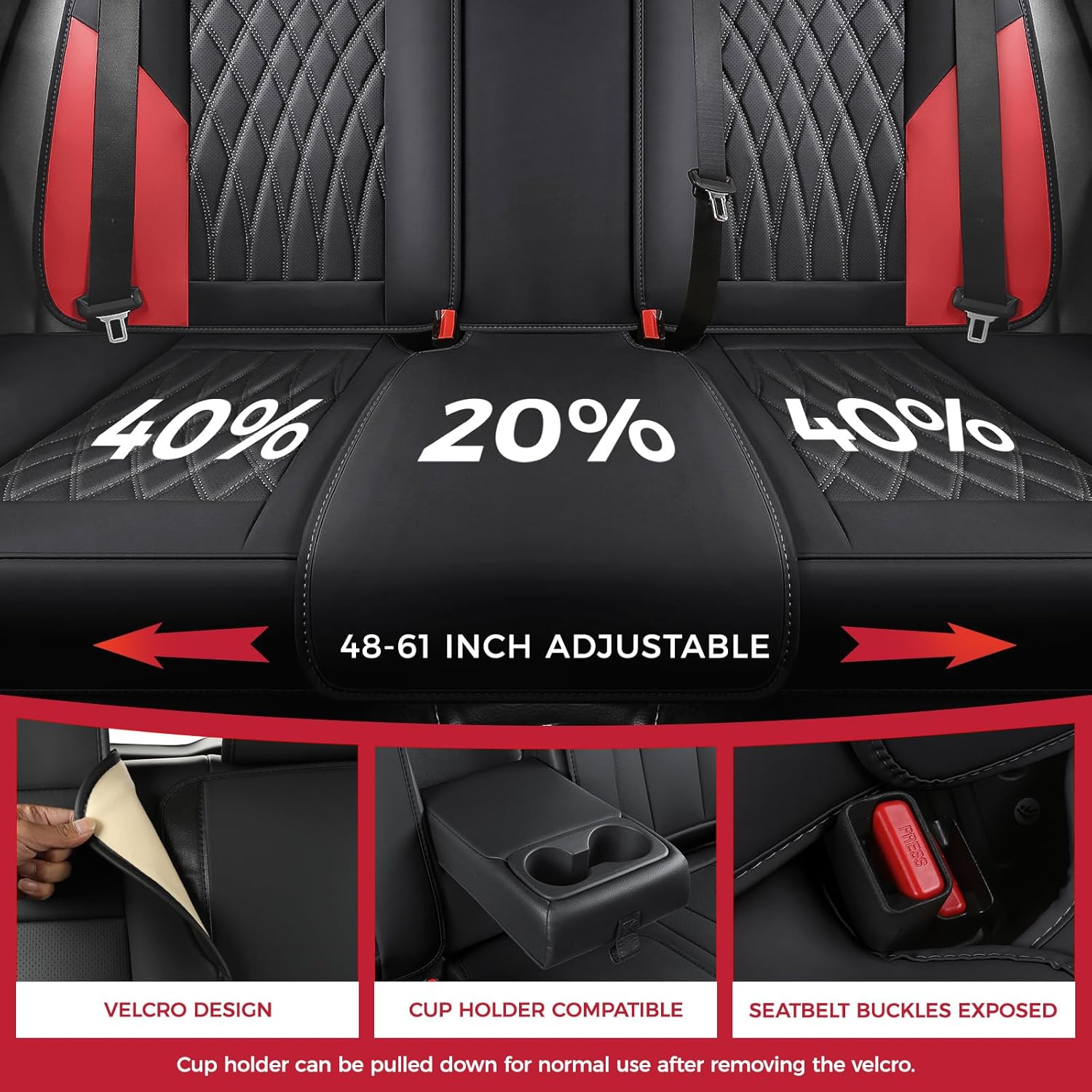 Thumbnail 3 de FREESOO Black Red Car Seat Covers Full Set (Faux Nappa Leatherette) with Lumbar Support