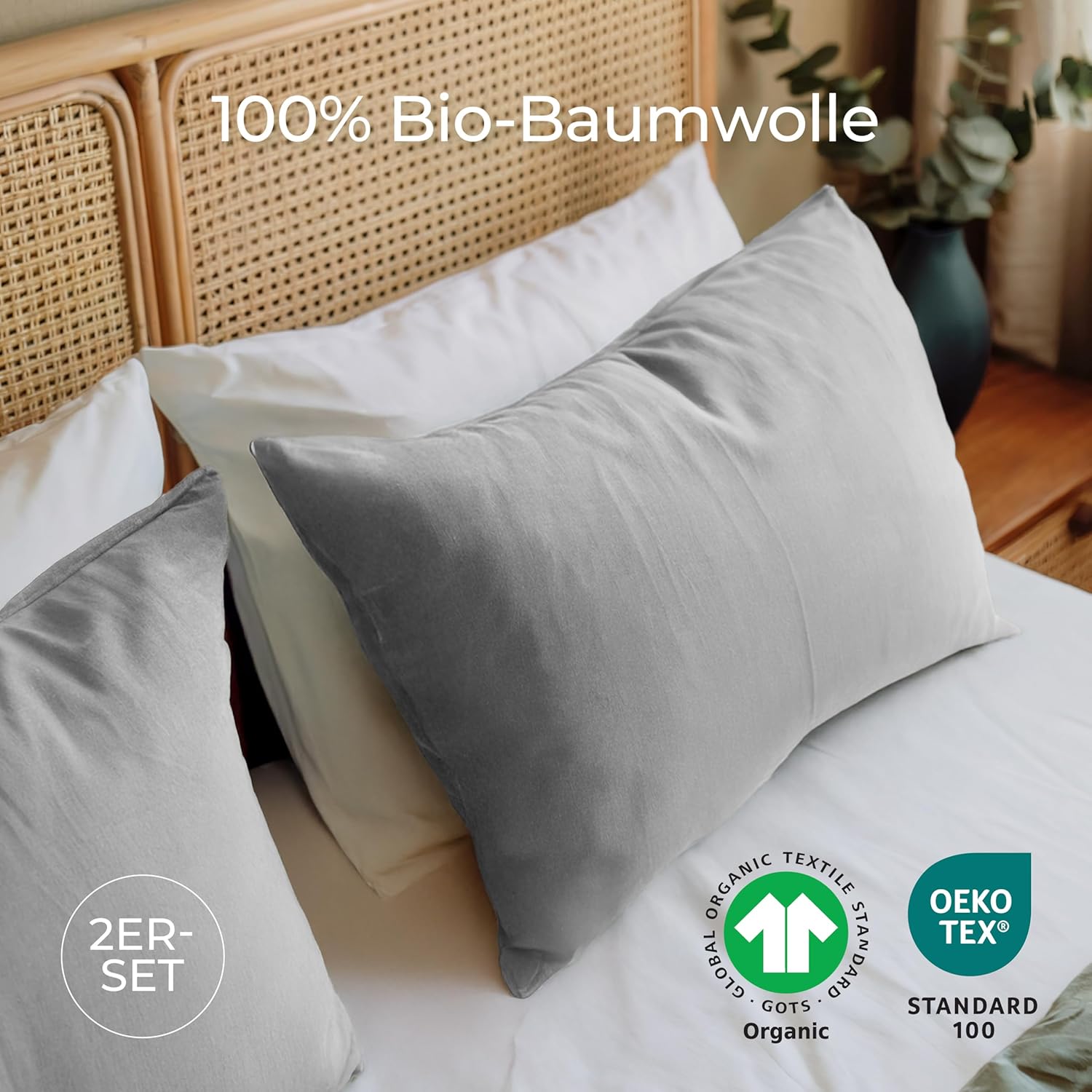 Thumbnail 1 de Dreamzie Kissenbezug aus 100% Bio-Baumwolle (40x60 cm) – 2er Set mit Reißverschluss, grau, Oeko-Tex